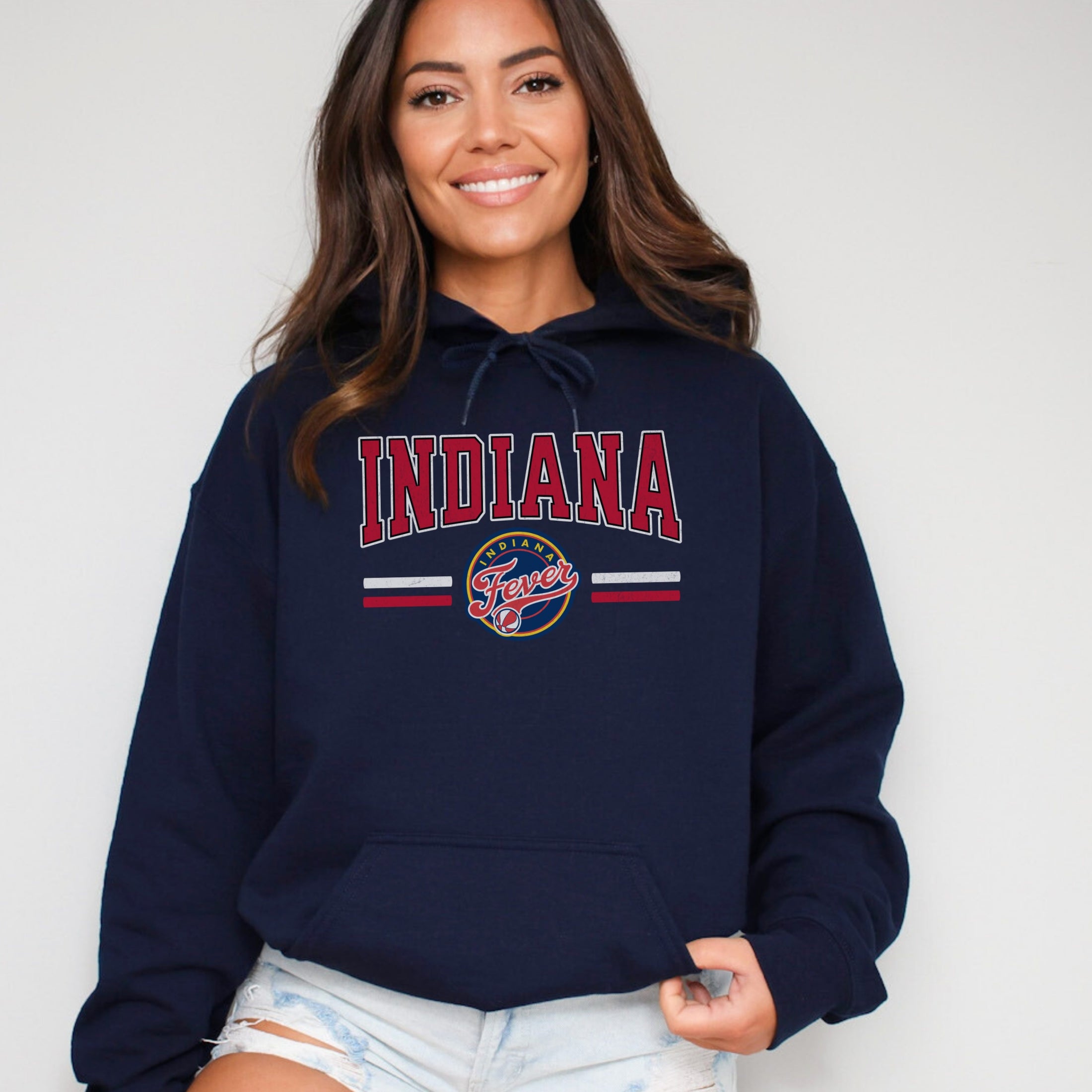Girl wearing navy Indiana Fever Hoodie Sweatshirt