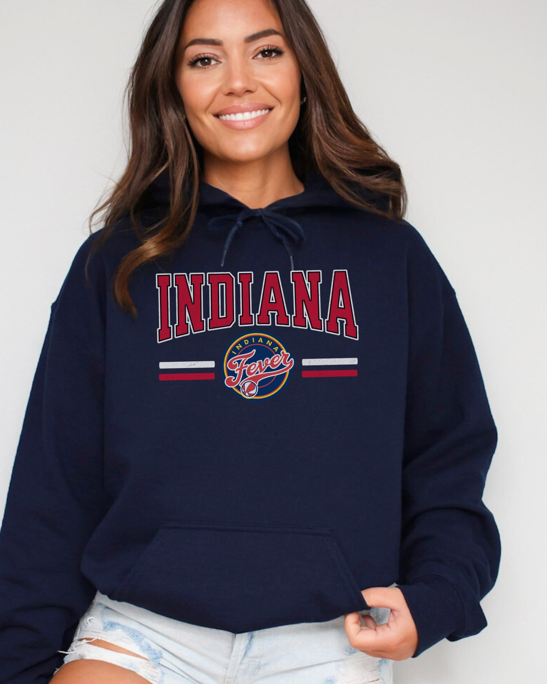 Girl wearing navy Indiana Fever Hoodie Sweatshirt