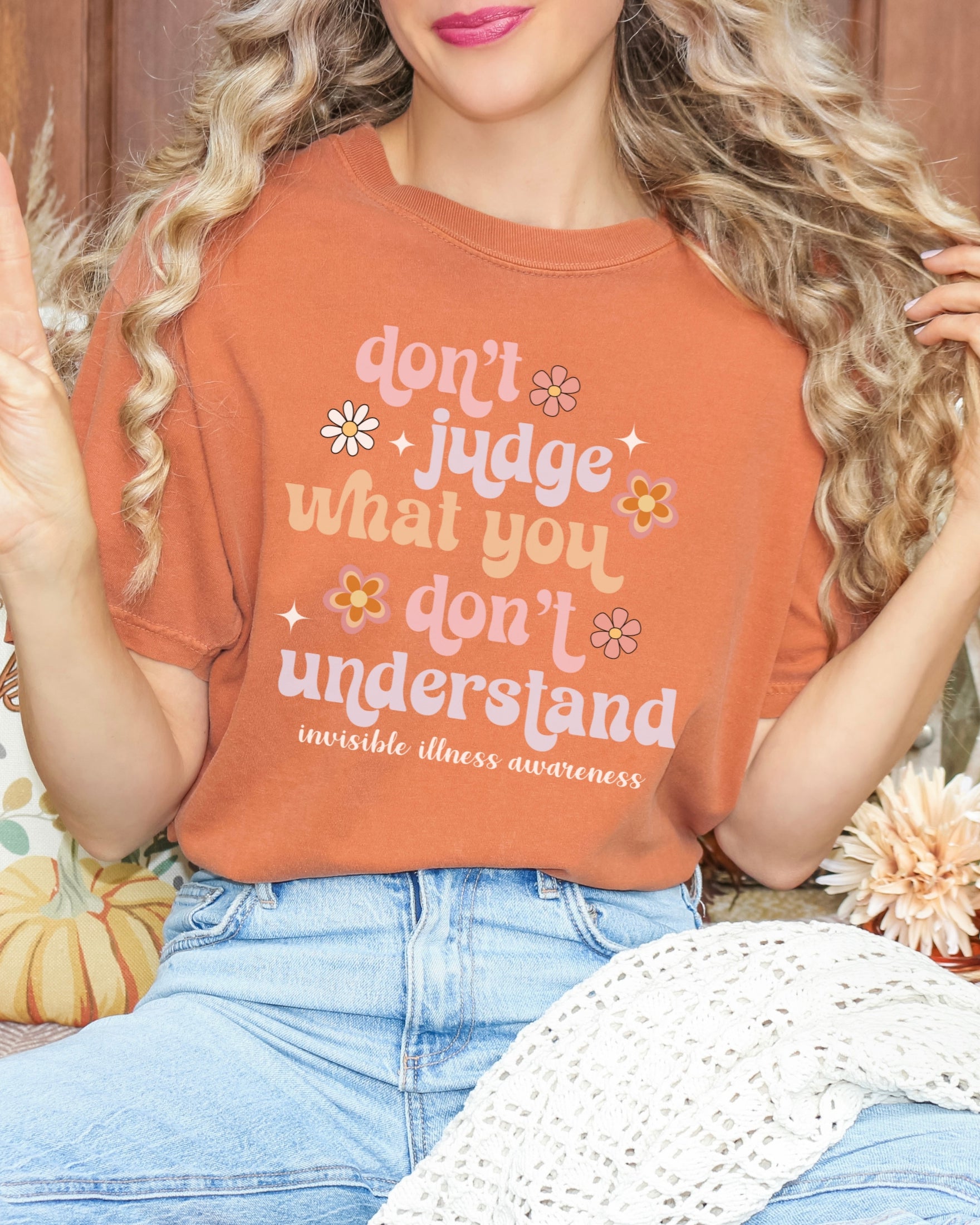 Girl wearing Comfort Colors invisible illness awareness shirt in yam