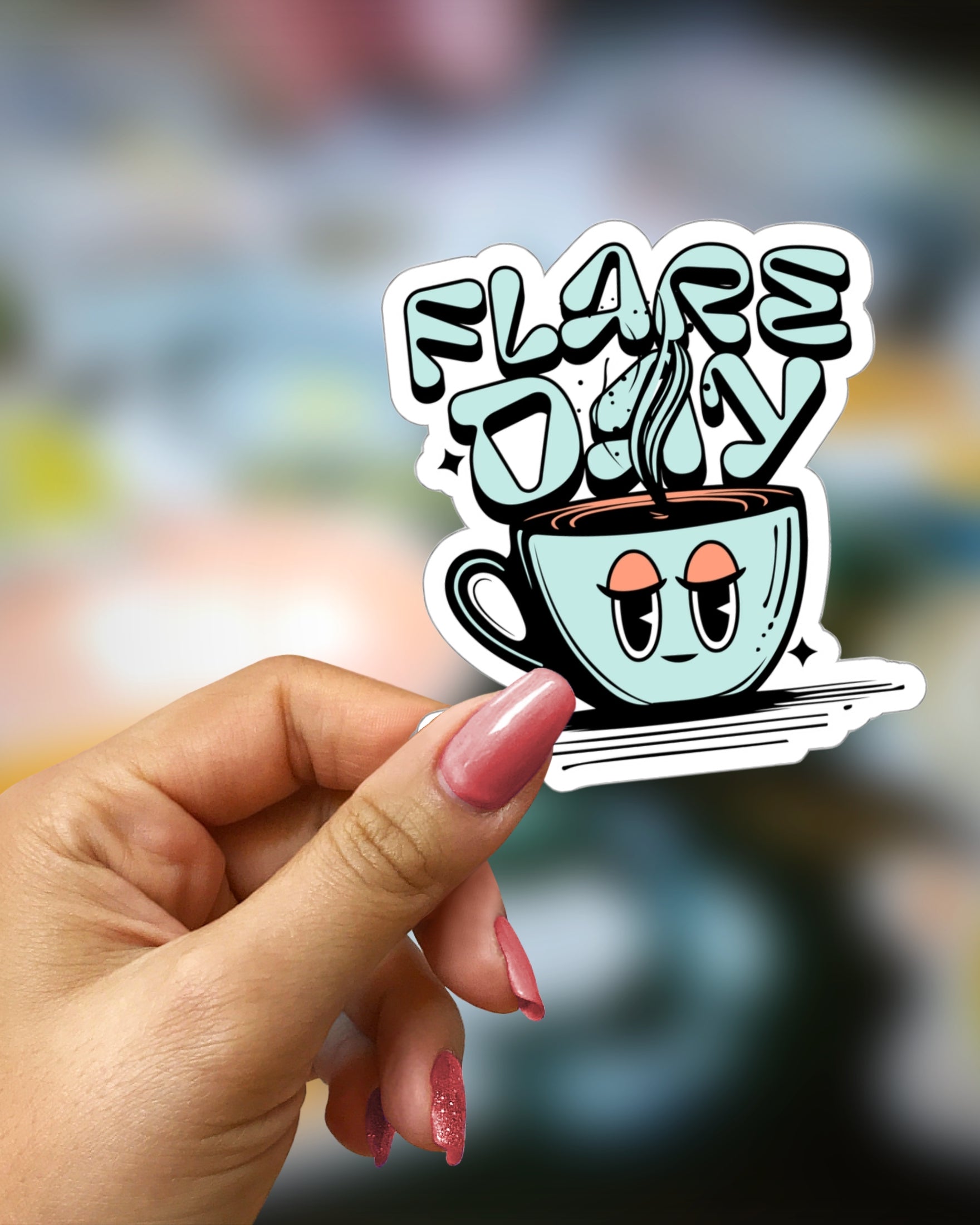 Woman holding Flare day sticker of tired mug