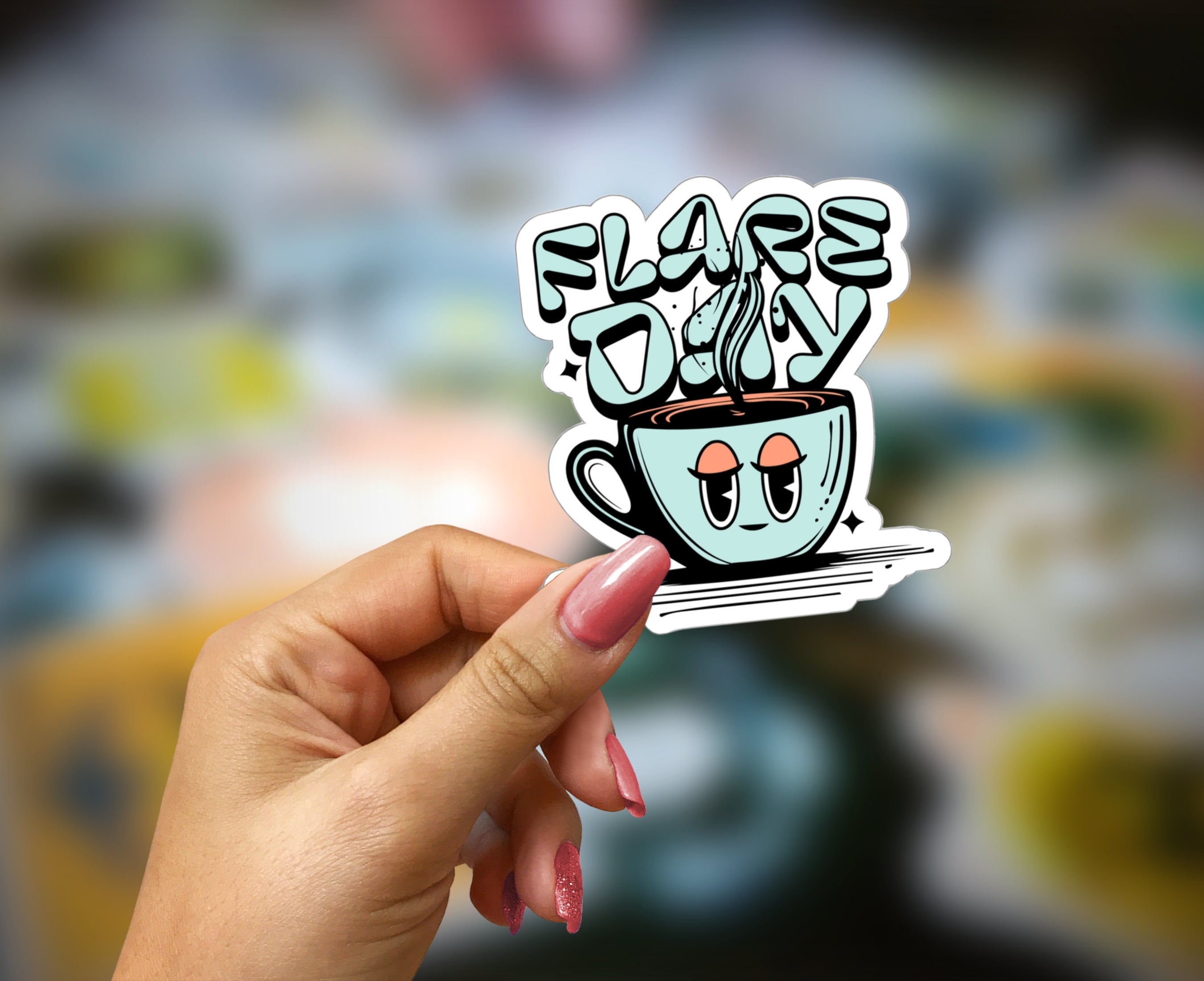 Woman holding Flare day sticker of tired mug