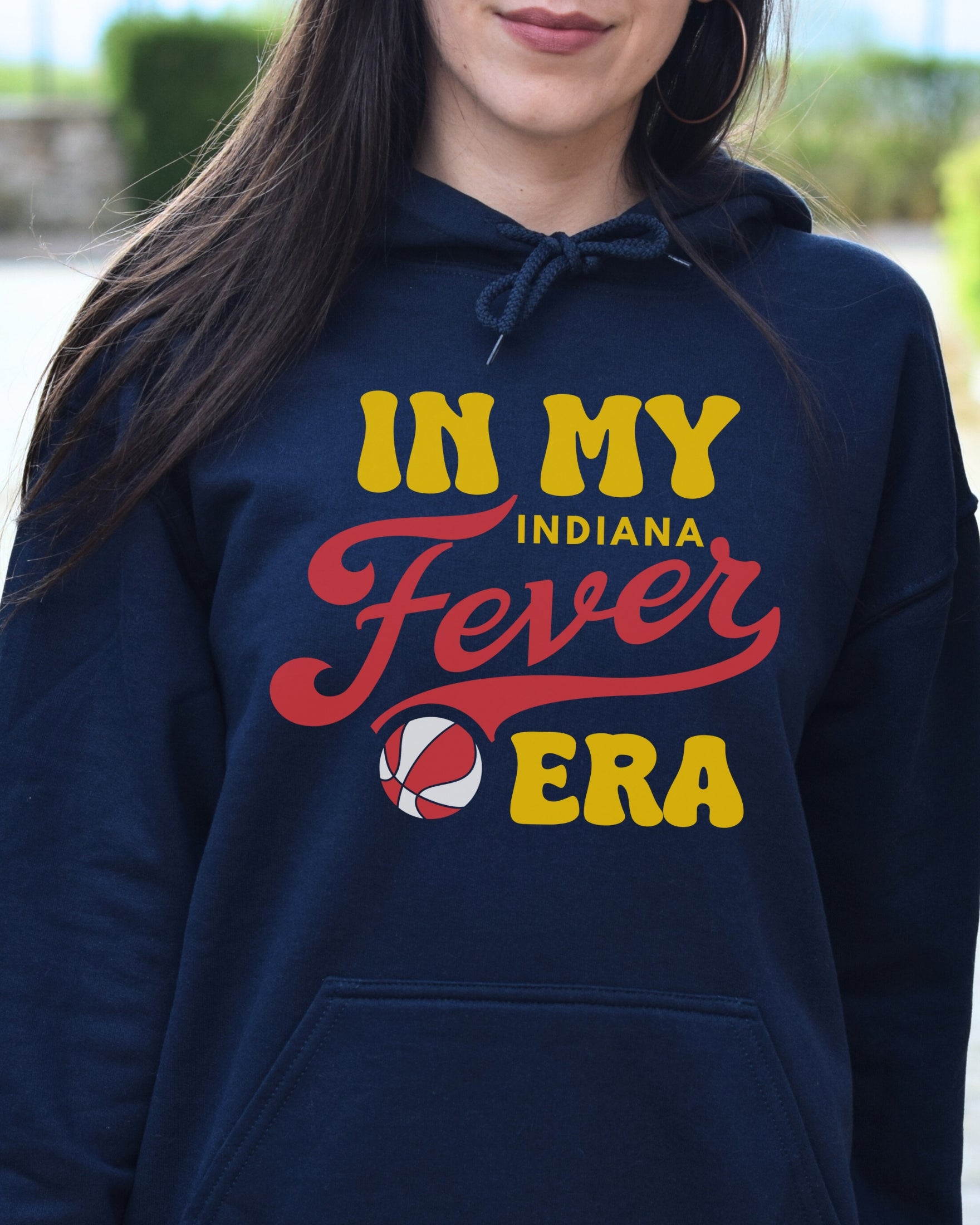 Girl wearing navy in my Fever era hoodie