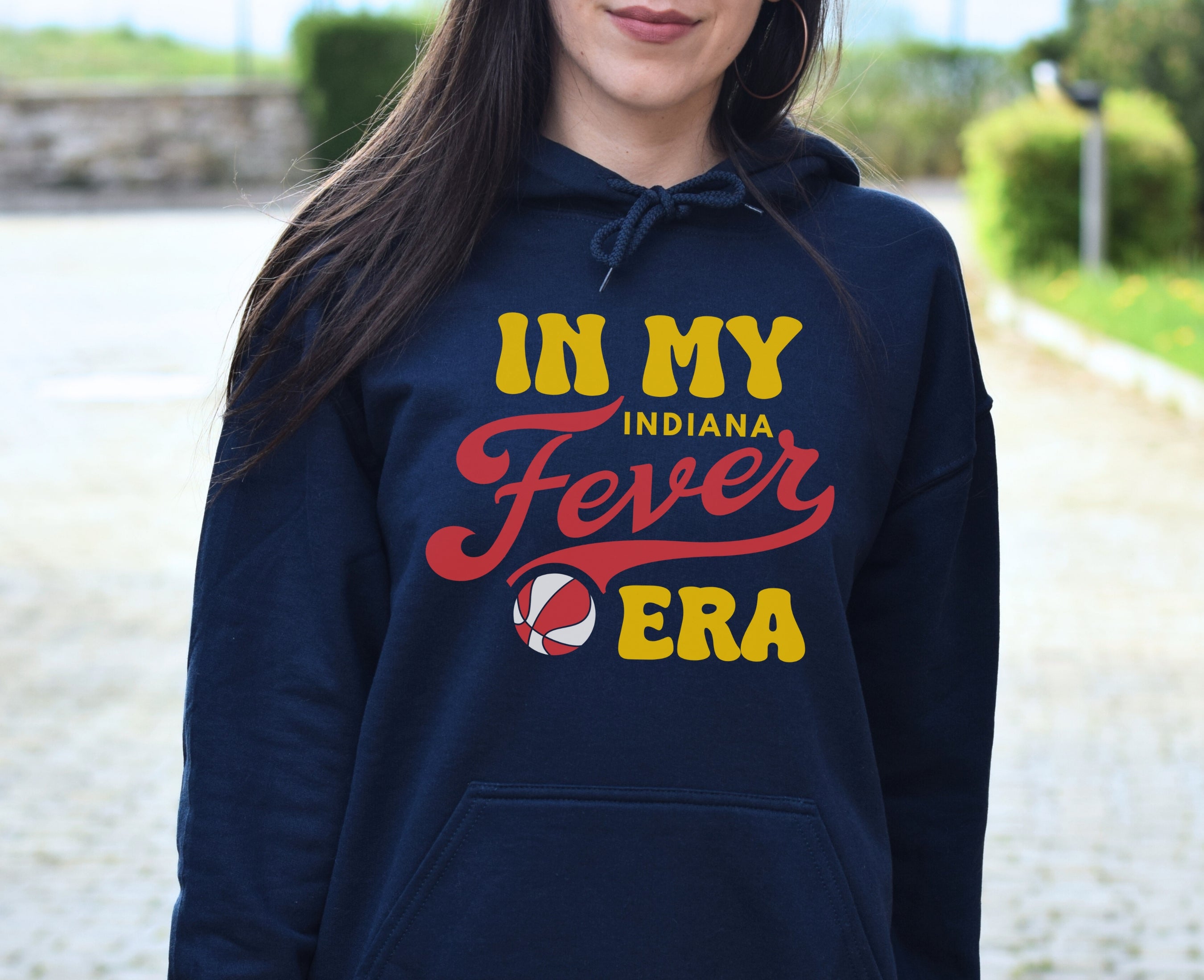 Girl wearing navy in my Fever era hoodie