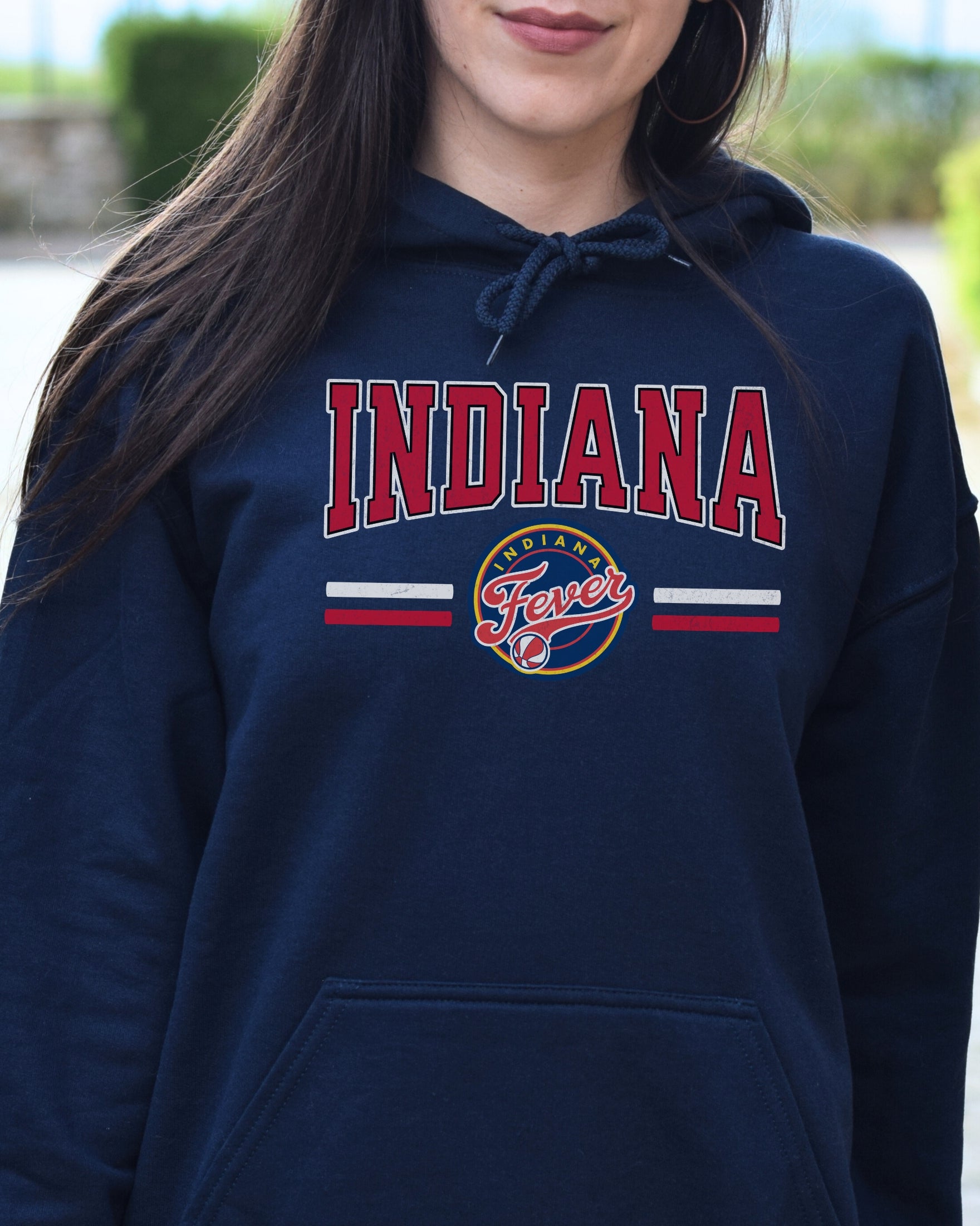 Girl wearing navy Indiana Fever Hoodie Sweatshirt