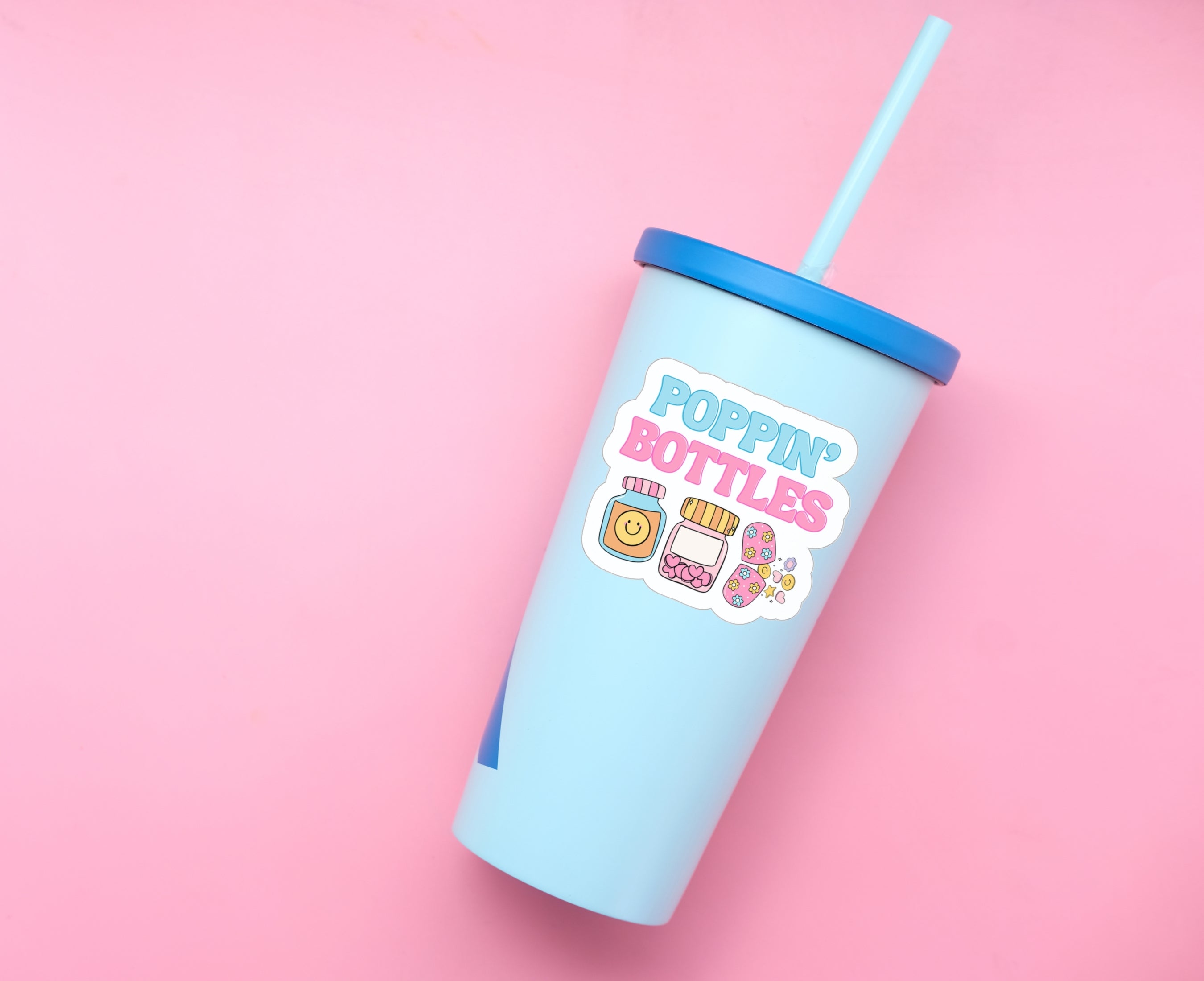 Poppin' Bottles sticker of pill bottles on tumbler