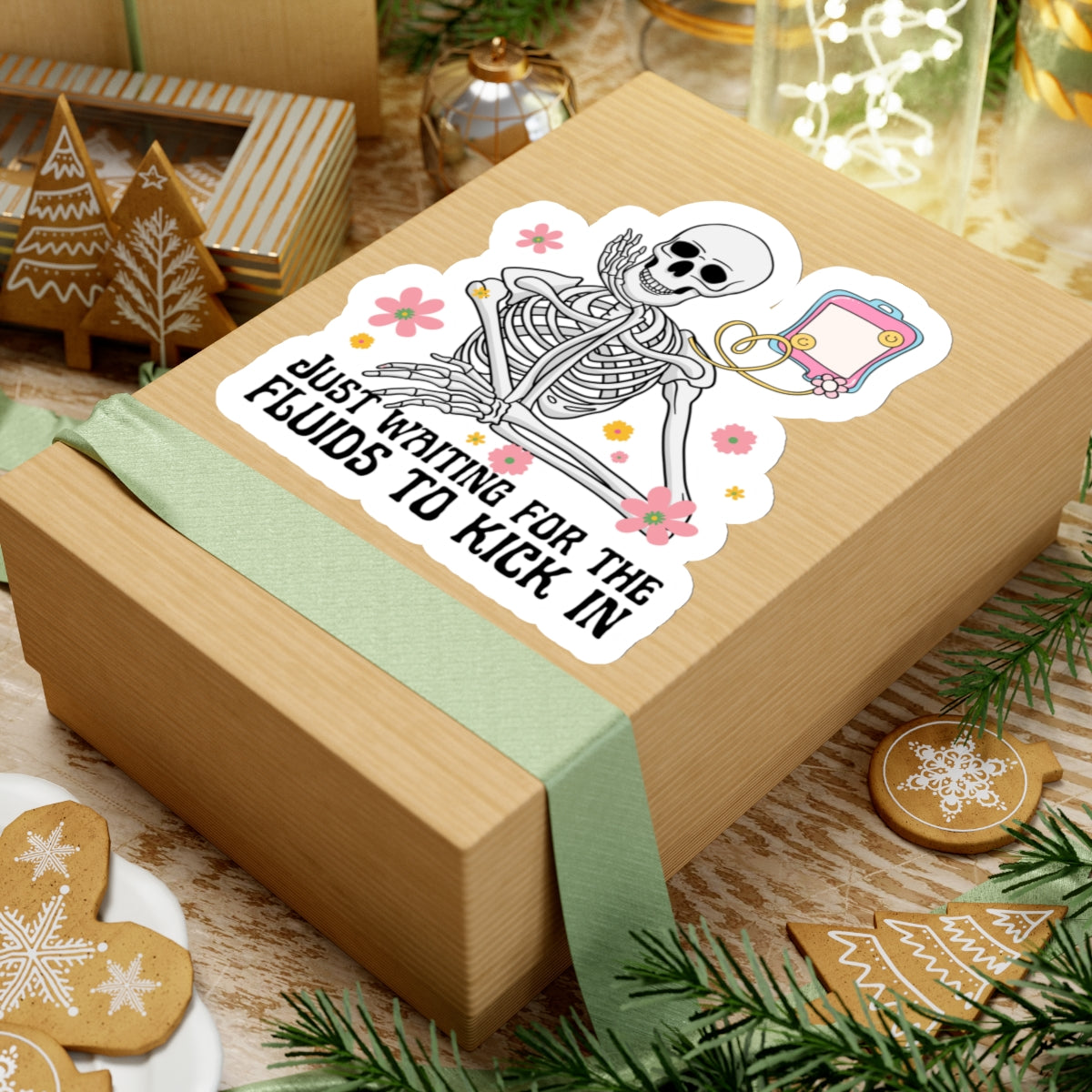 6 inch sticker on box of skeleton getting fluids through IV bag