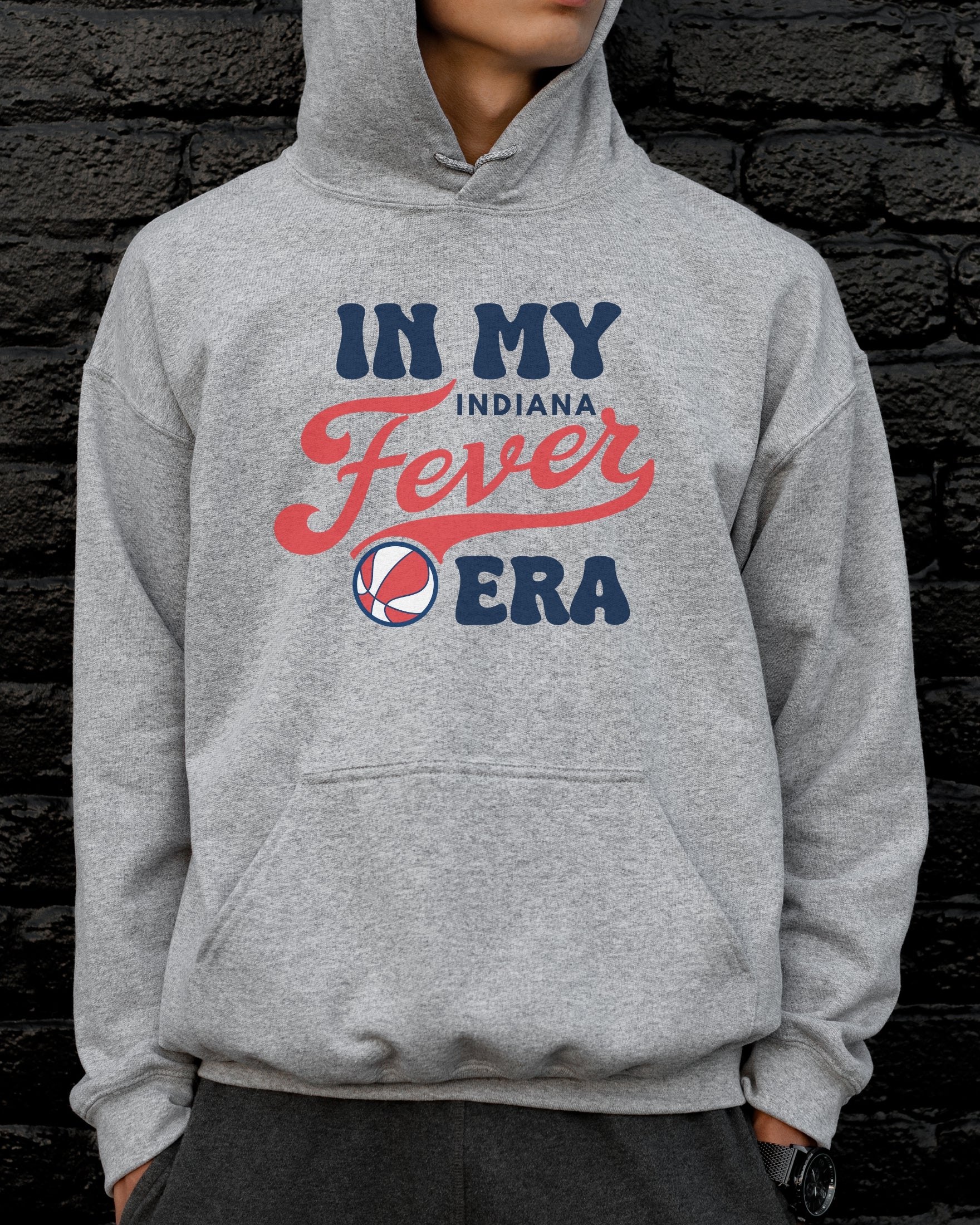 Man wearing athletic heather in my Fever era hoodie