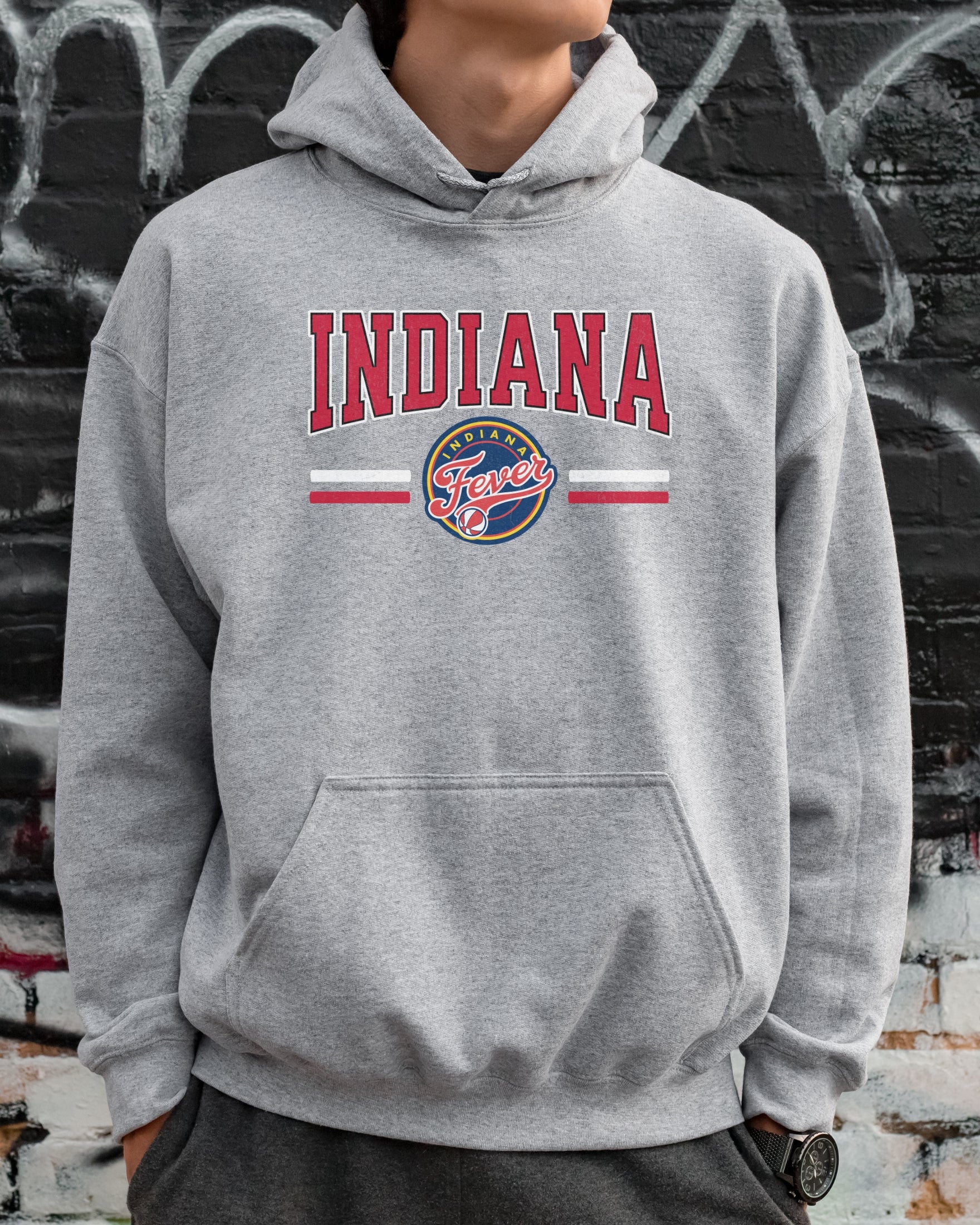Man wearing athletic heather Indiana Fever Hoodie Sweatshirt