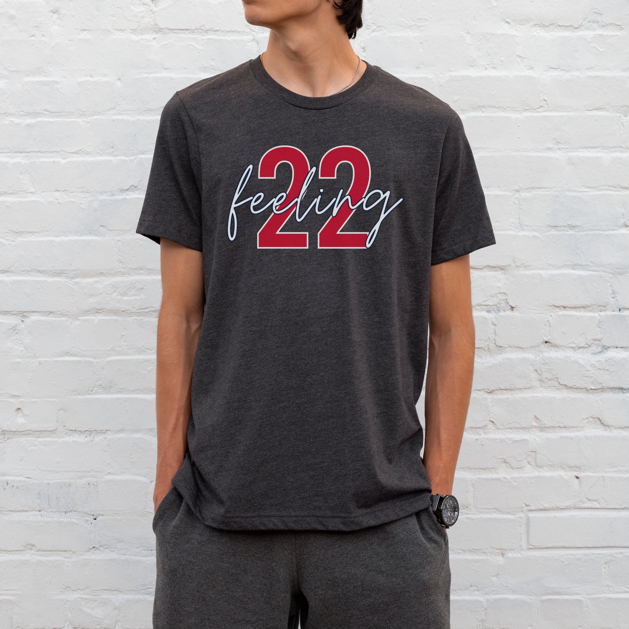Man wearing dark grey heather feeling 22 t-shirt