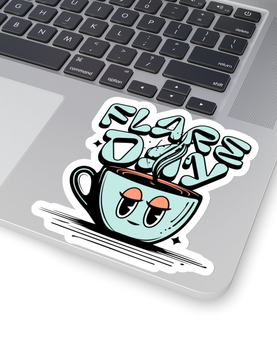 4 inch tired mug flare day sticker on laptop