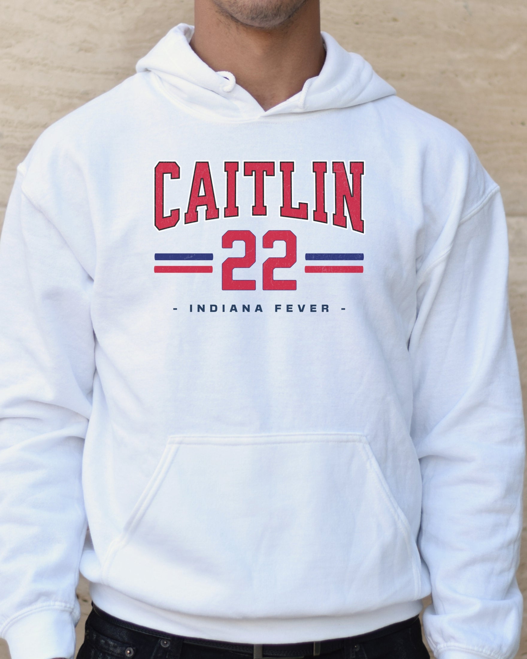 Man wearing white Caitlin Clark 22 Hoodie