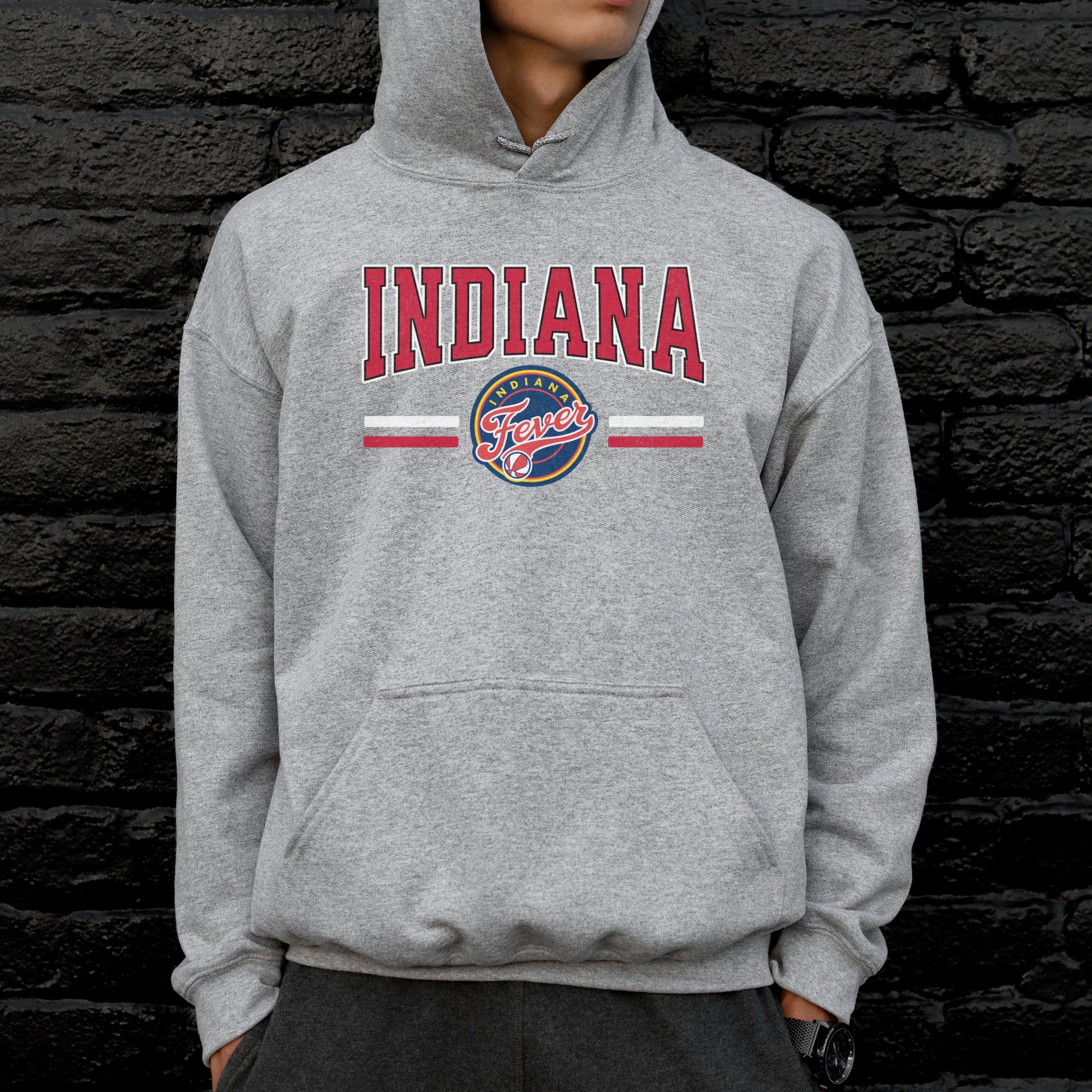 Man wearing athletic heather Indiana Fever Hoodie Sweatshirt
