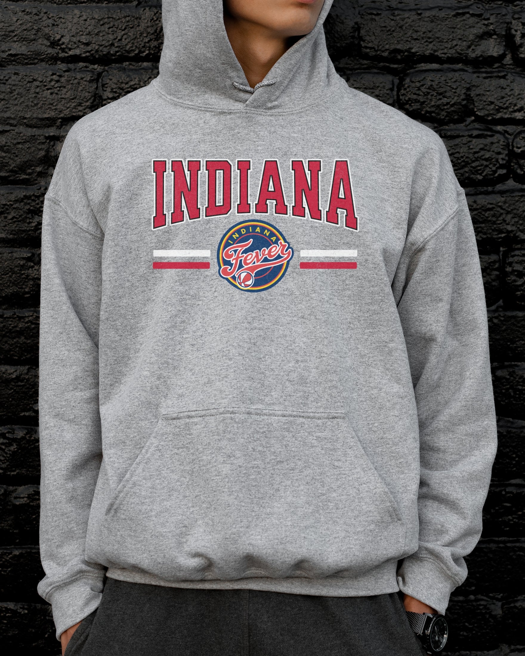 Man wearing athletic heather Indiana Fever Hoodie Sweatshirt