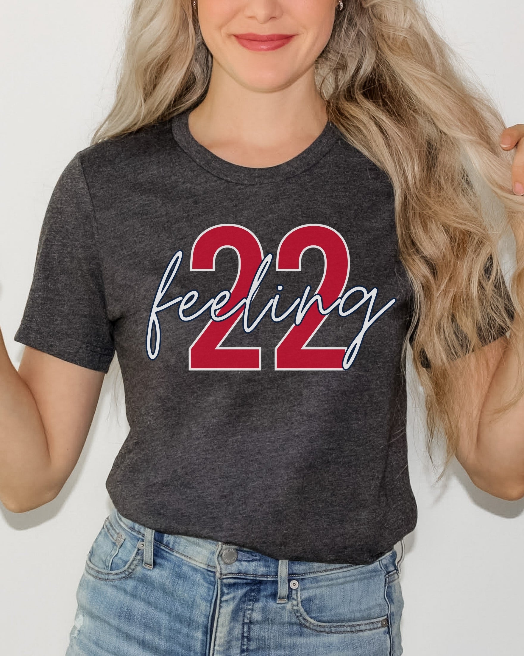 Girl wearing dark grey heather feeling 22 t-shirt