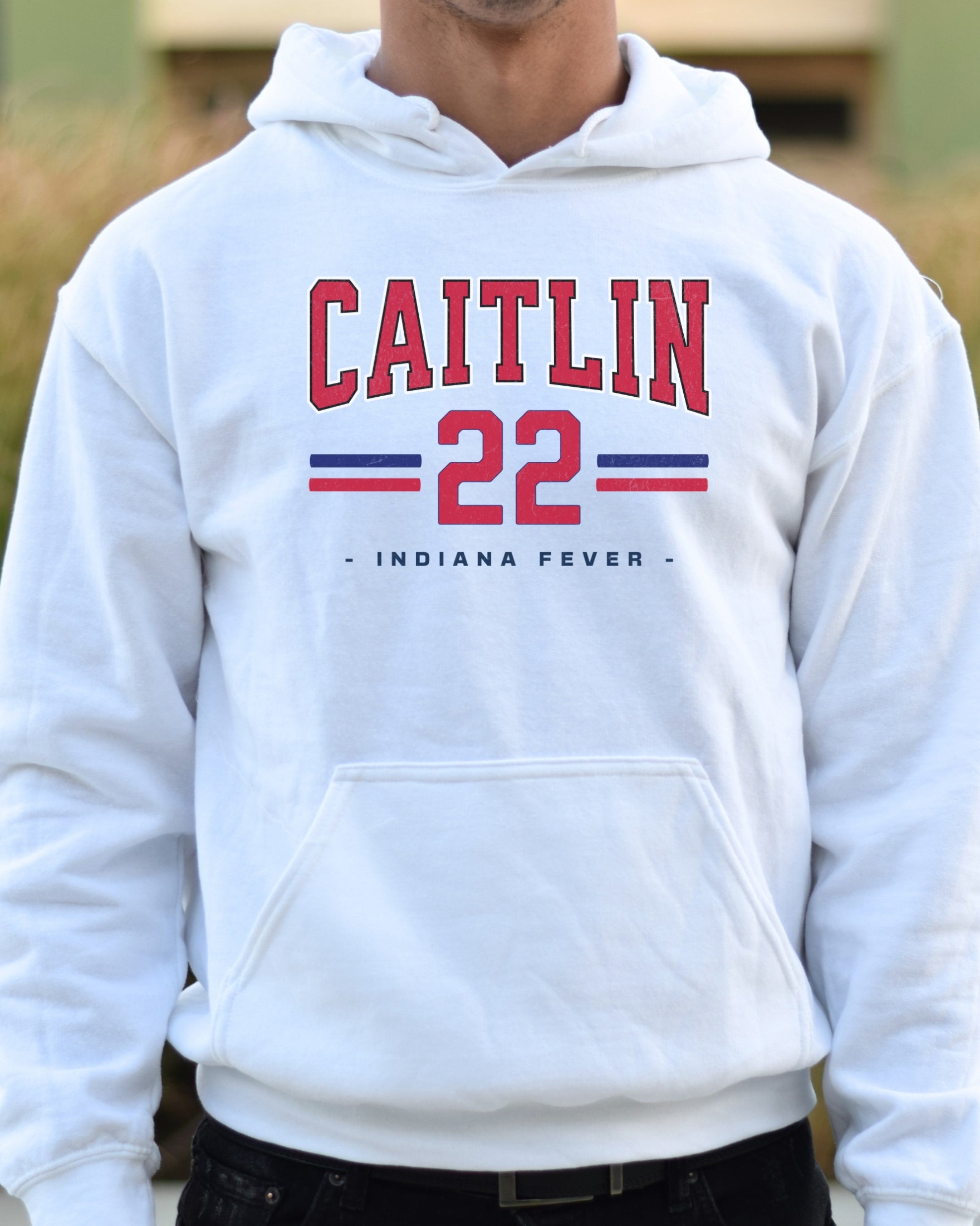 Guy wearing white Caitlin Clark 22 Hoodie