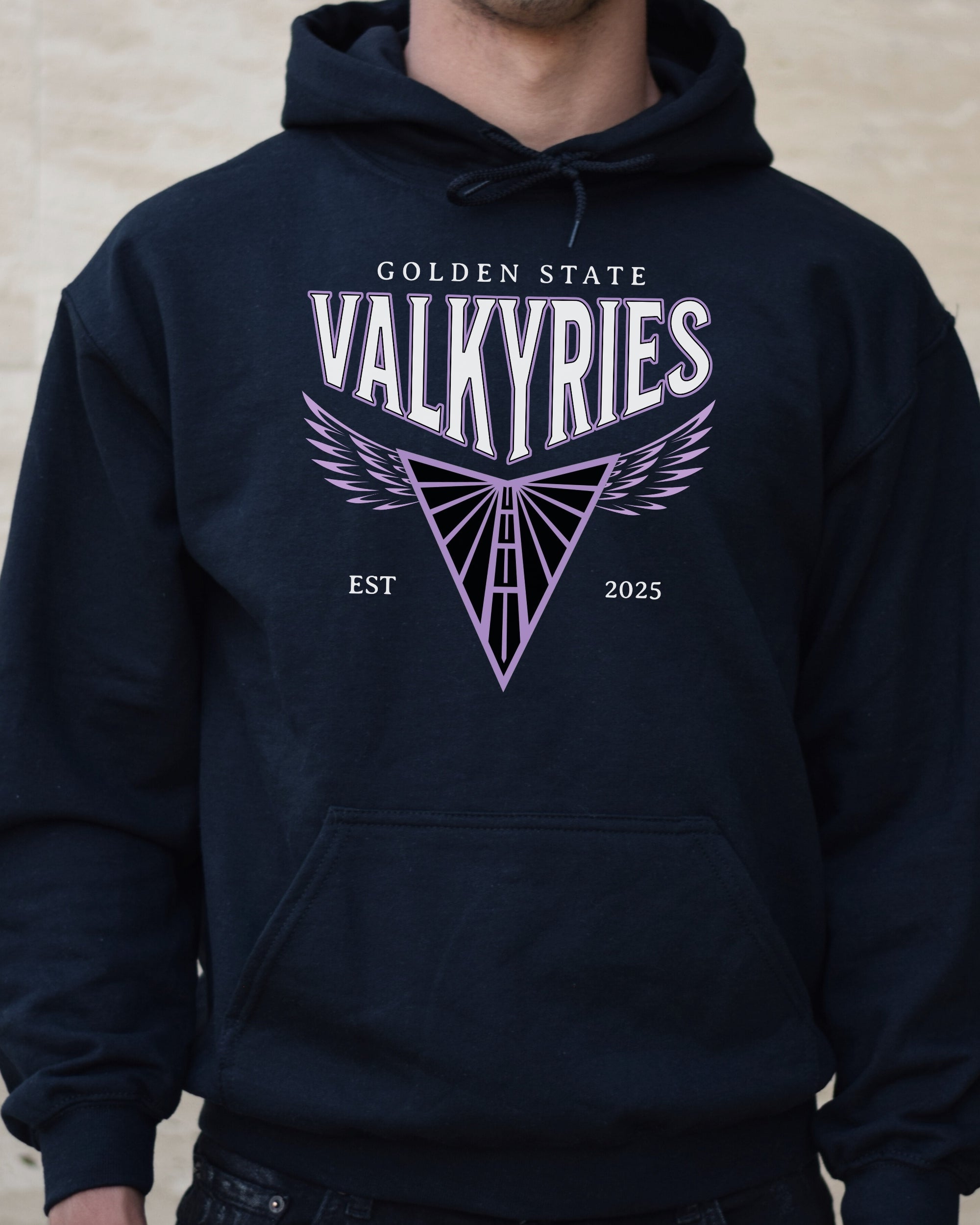 Black hoodie with 'Golden State Valkyries' logo on a neutral background