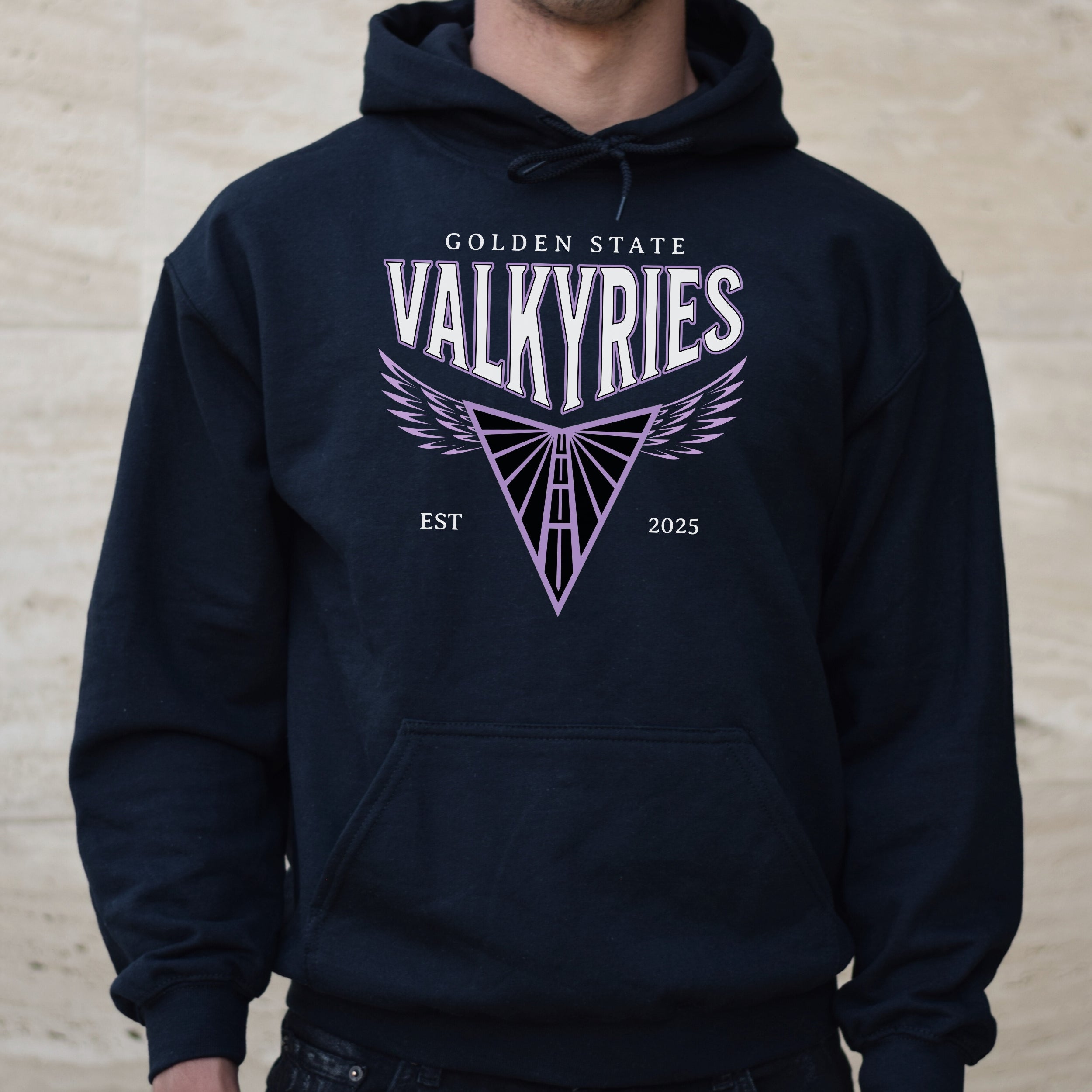 Black hoodie with 'Golden State Valkyries' logo on a neutral background