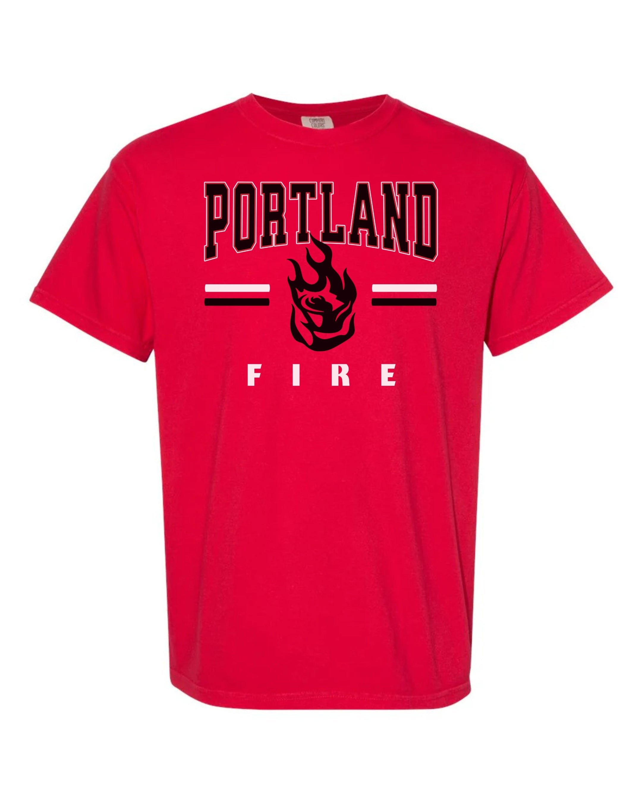Red t-shirt with 'Portland Fire' text and logo on a white background