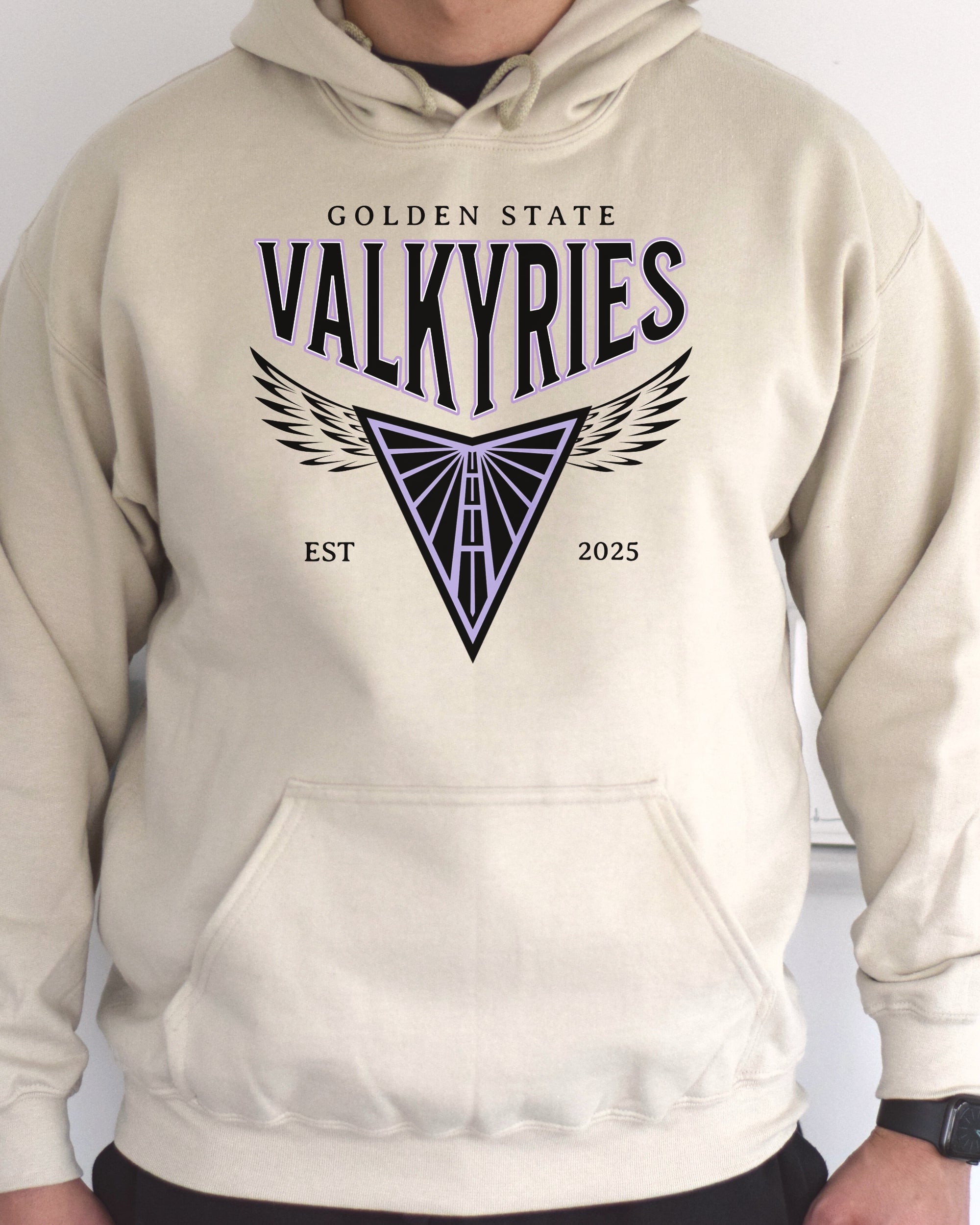 Beige hoodie with 'Golden State Valkyries' logo on a plain background