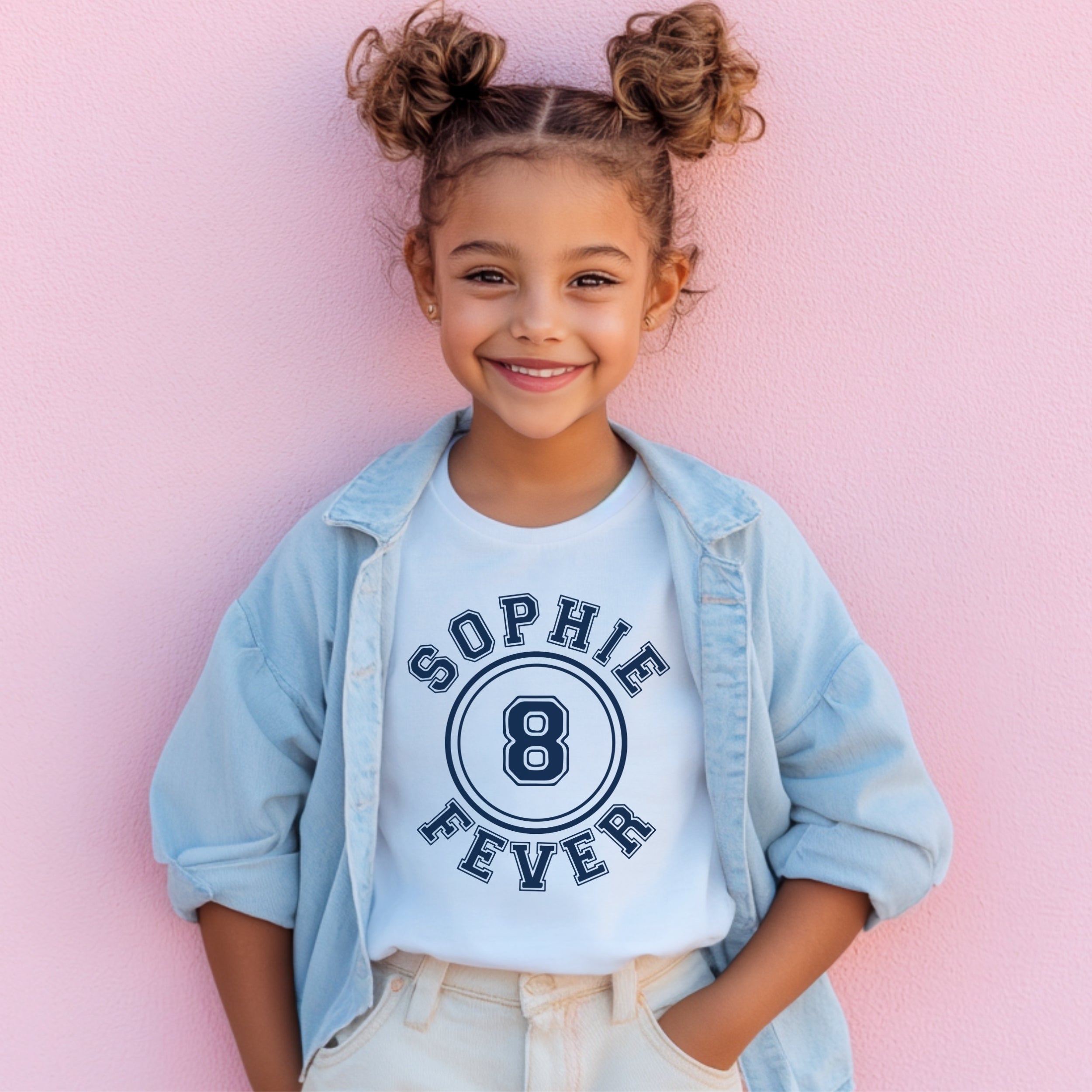 Child wearing a shirt with 'Sophie 8 Fever' on a pink background