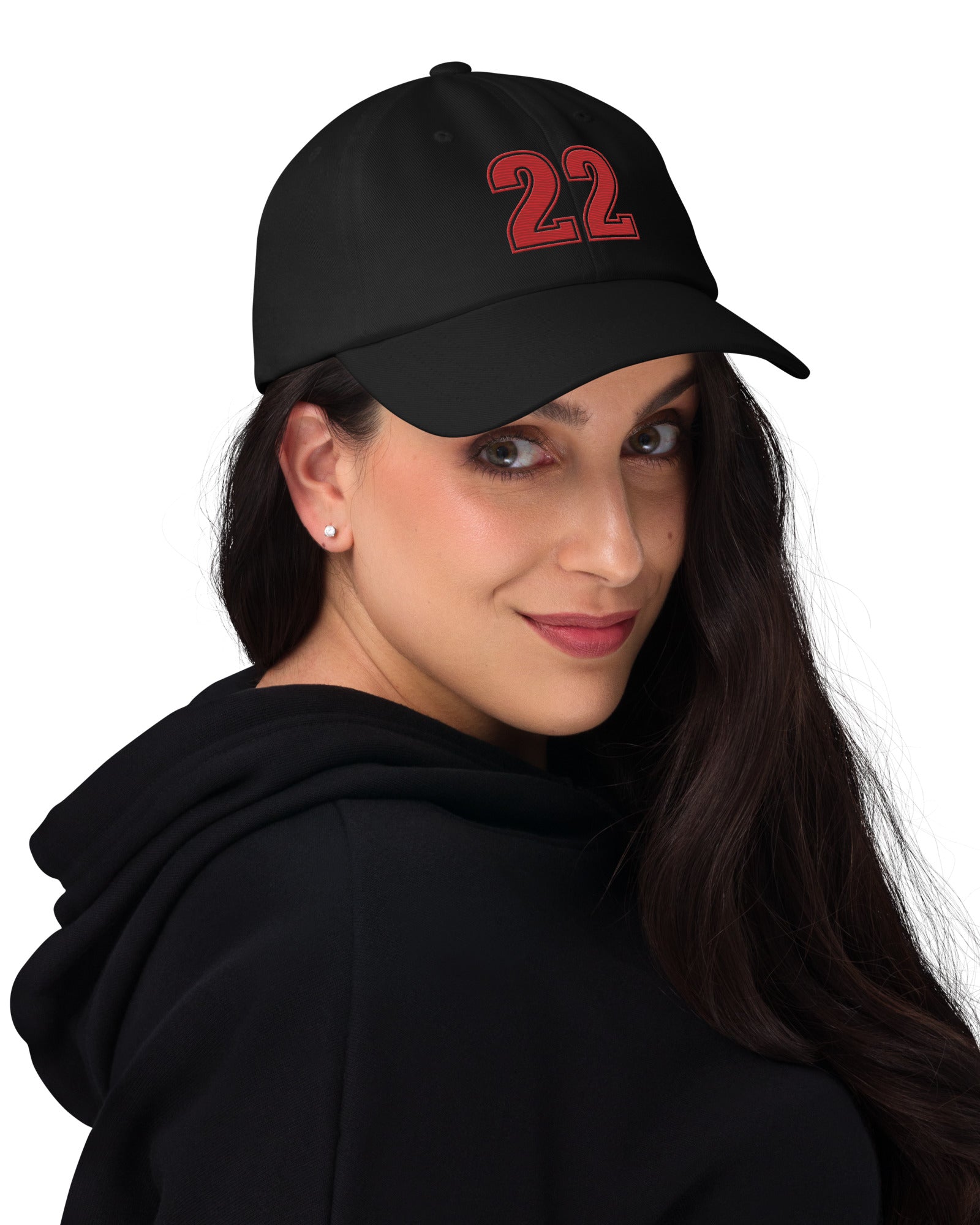 Girl wearing black number 22 dad hat