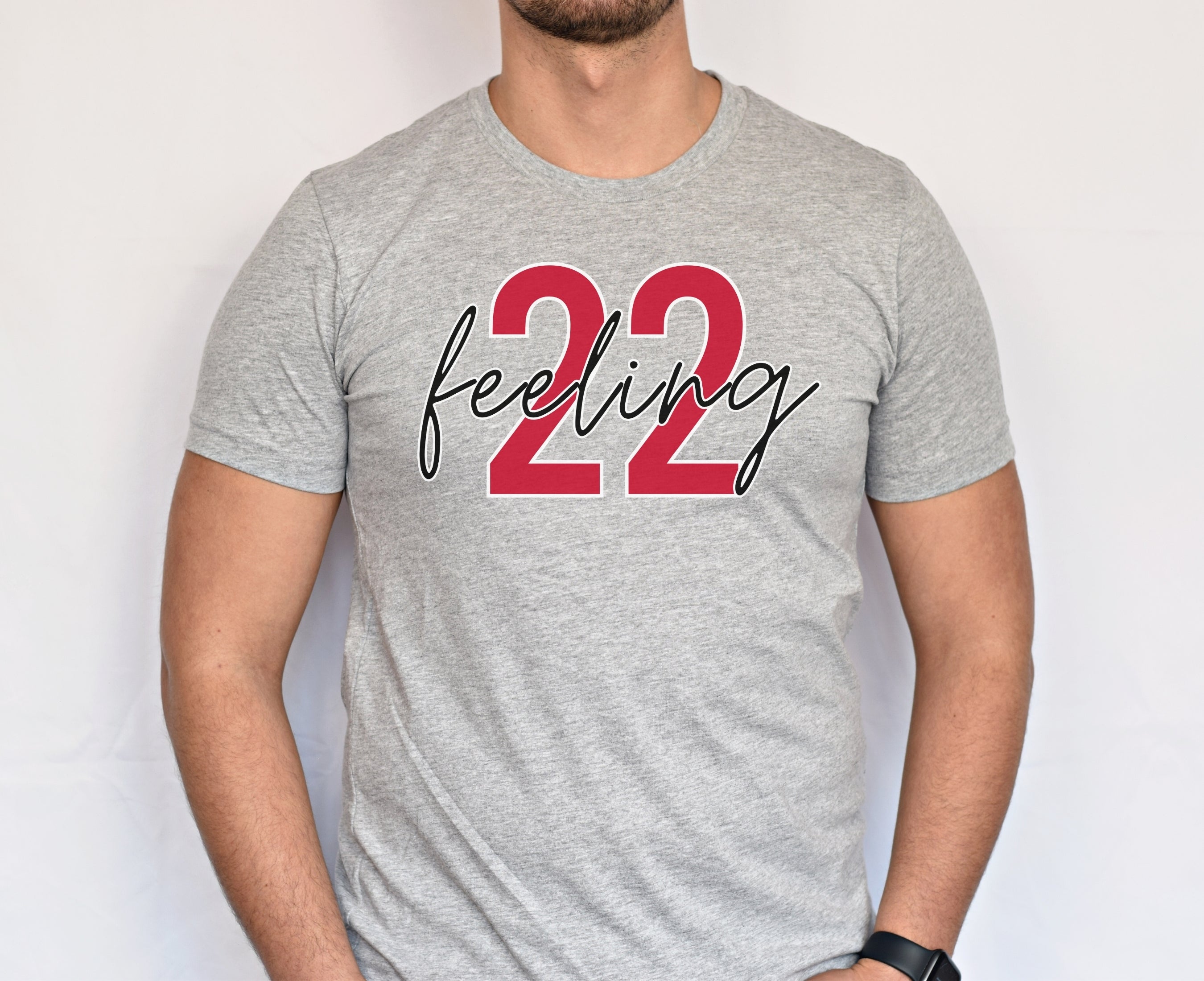 Man wearing athletic heather feeling 22 t-shirt