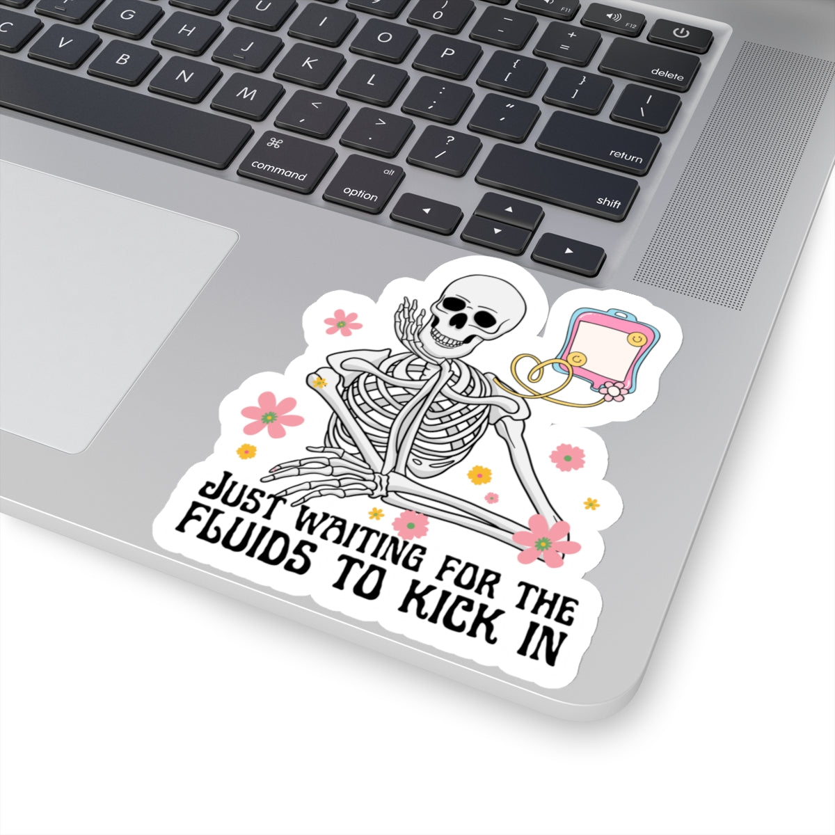 4 inch sticker on laptop of skeleton getting fluids through IV bag