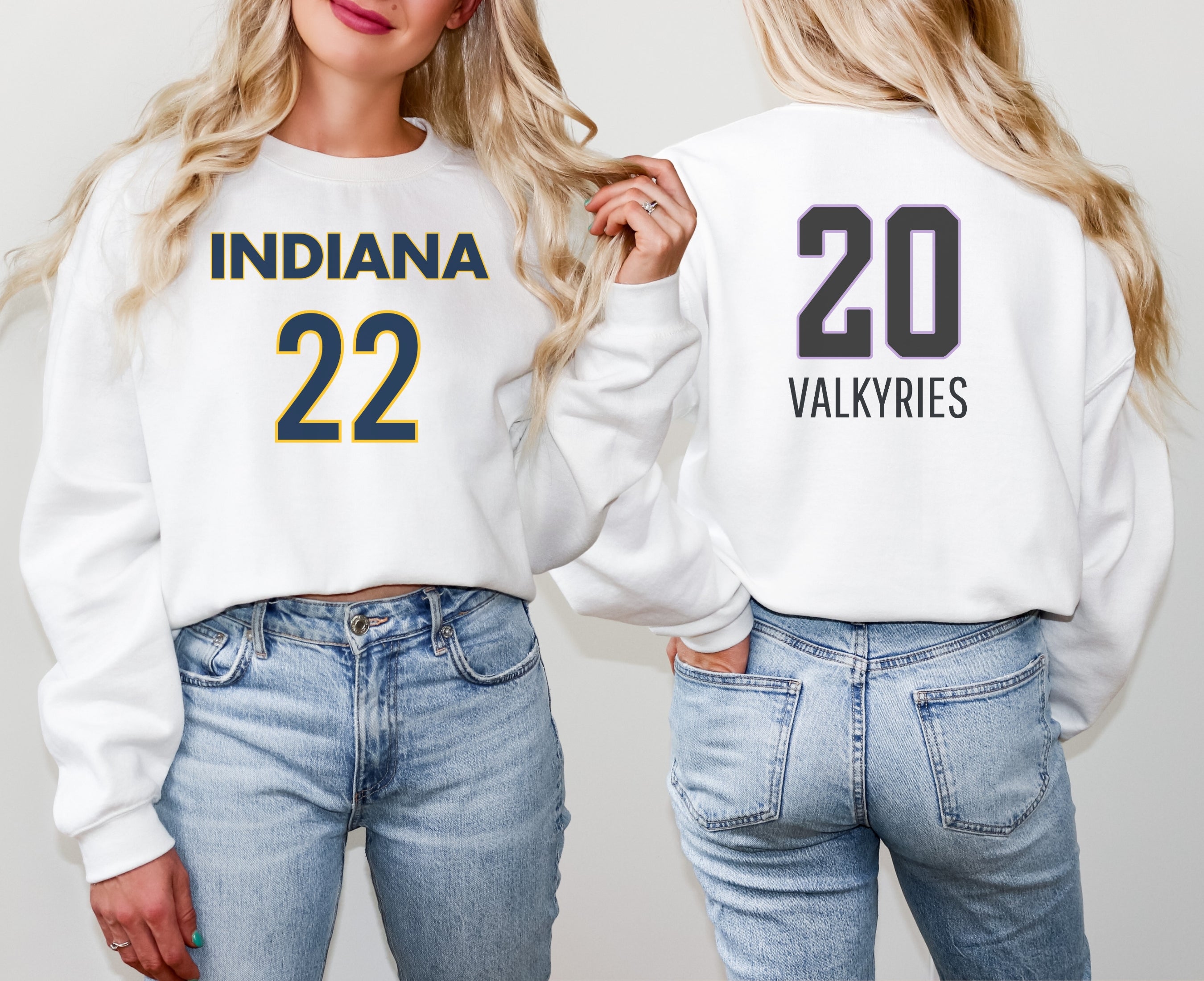 Girl wearing white Caitlin Clark Kate Martin sweatshirt