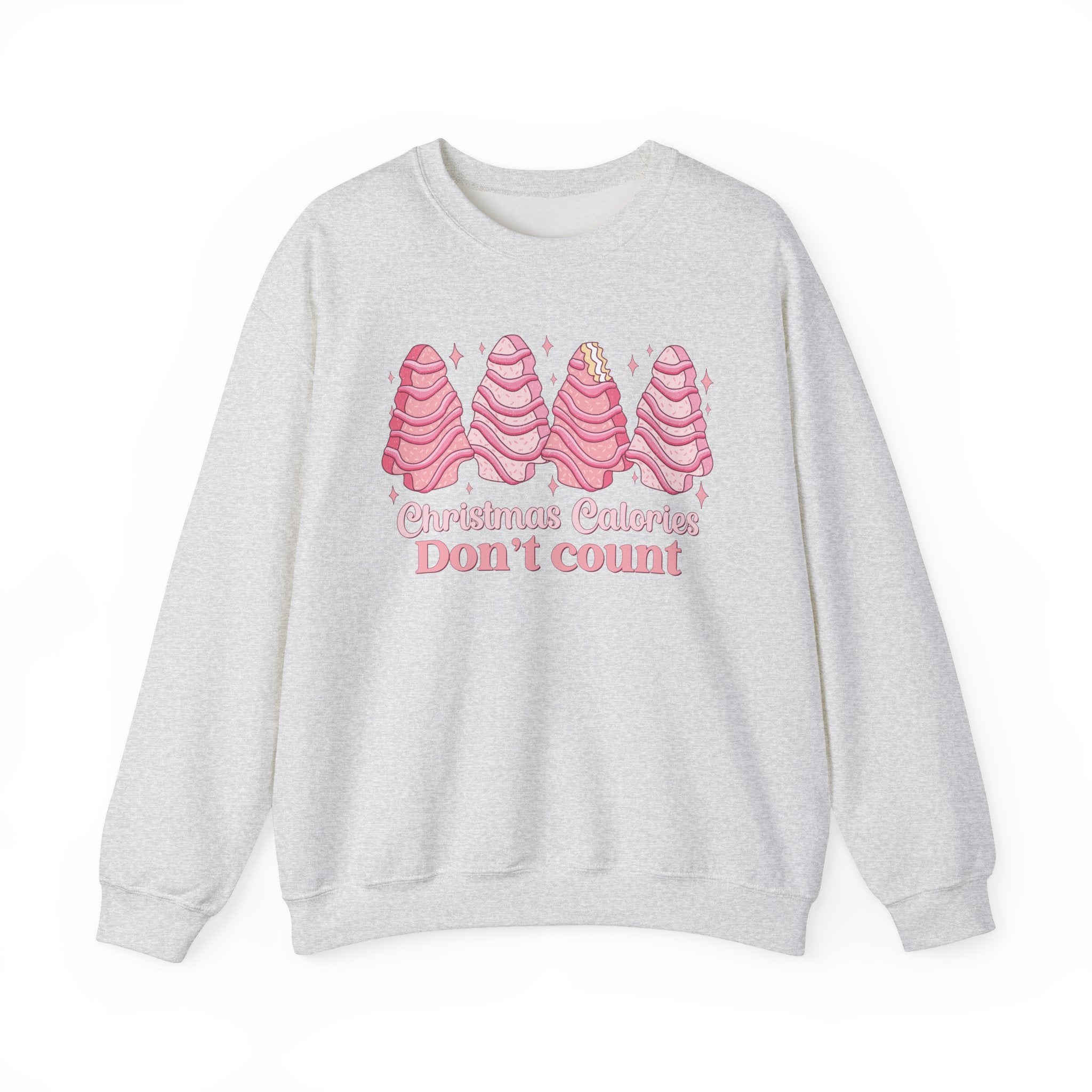Ash sweatshirt with pink Christmas tree cakes on it
