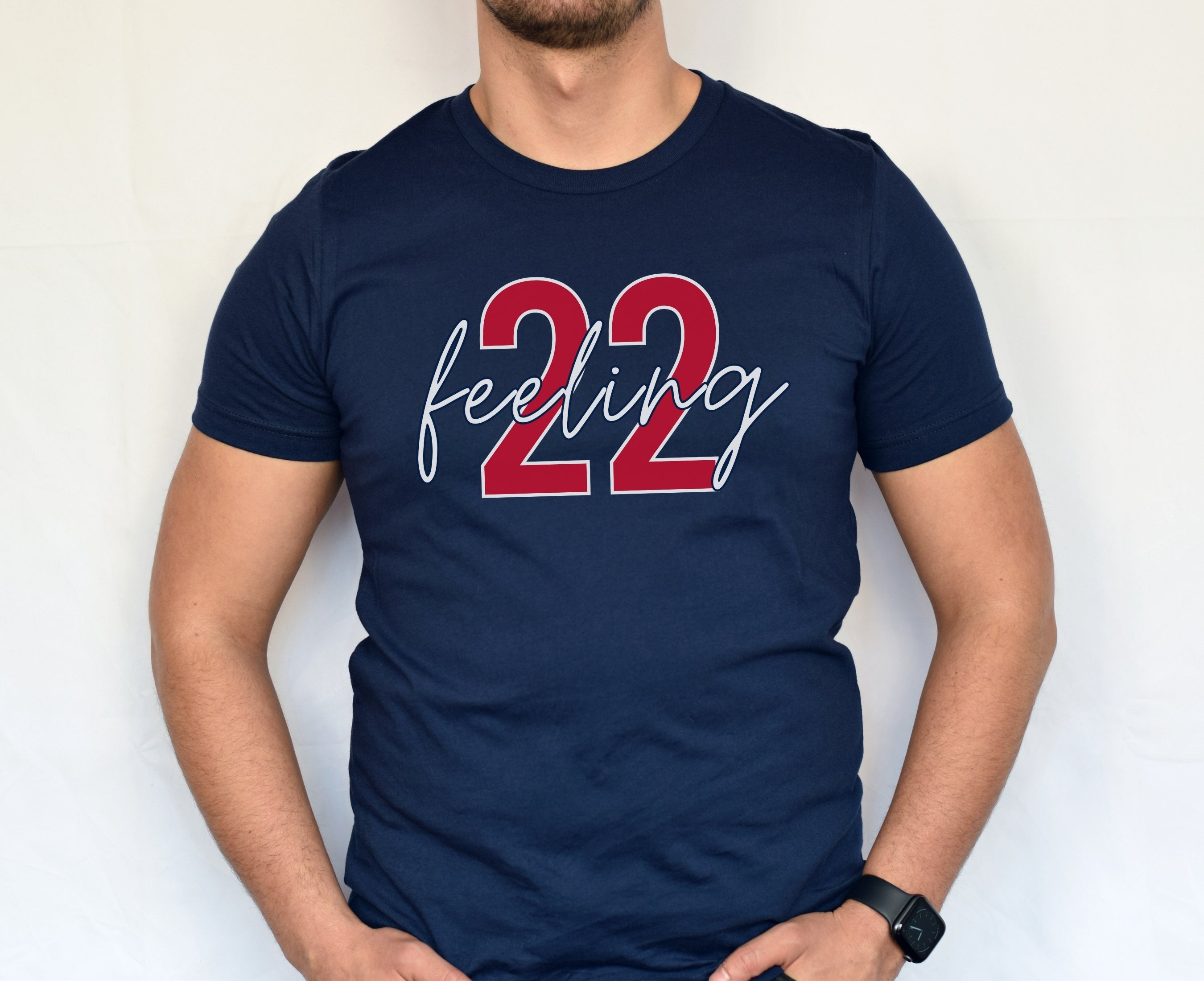 Man wearing navy feeling 22 t-shirt