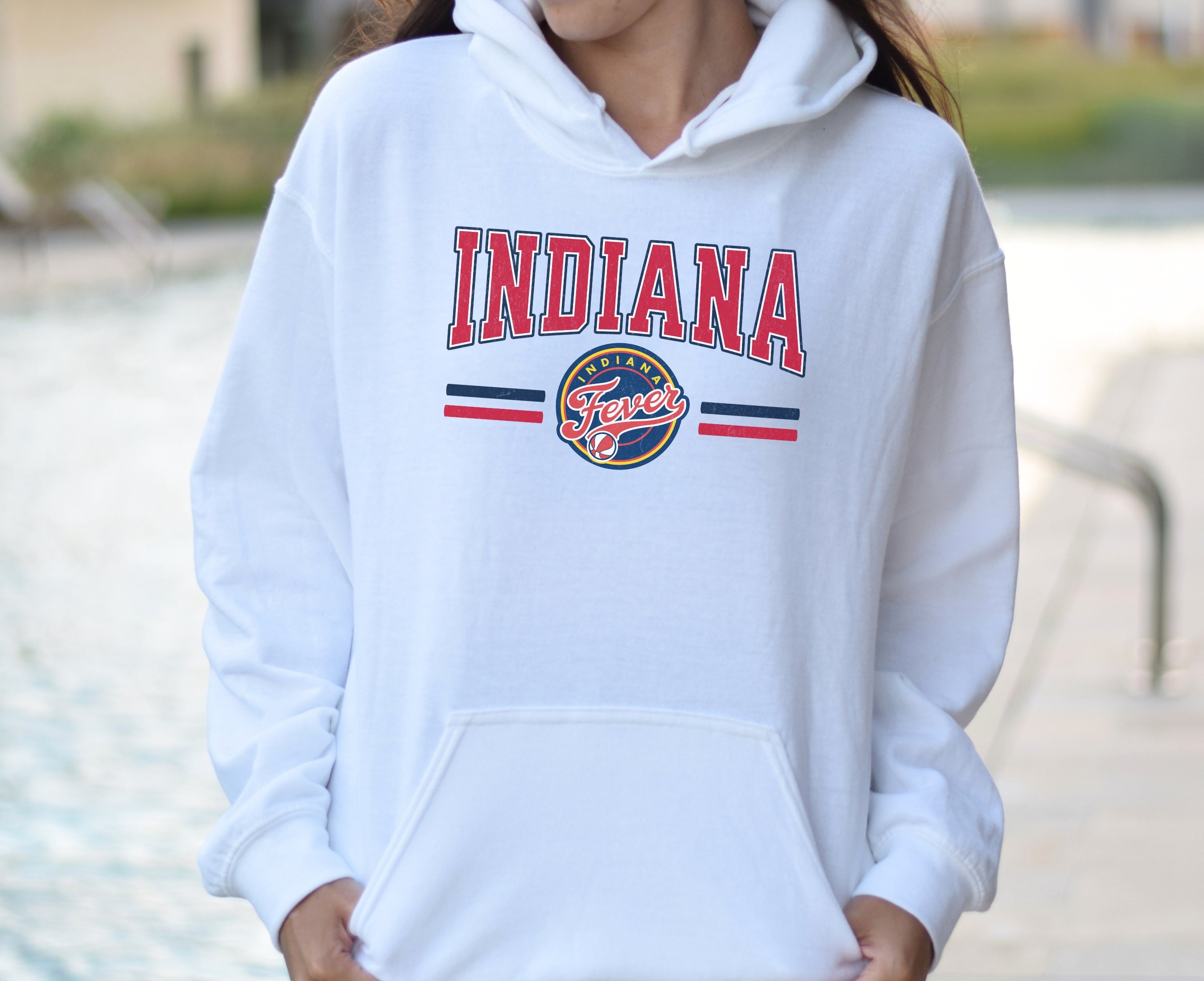 Girl wearing white Indiana Fever Hoodie Sweatshirt