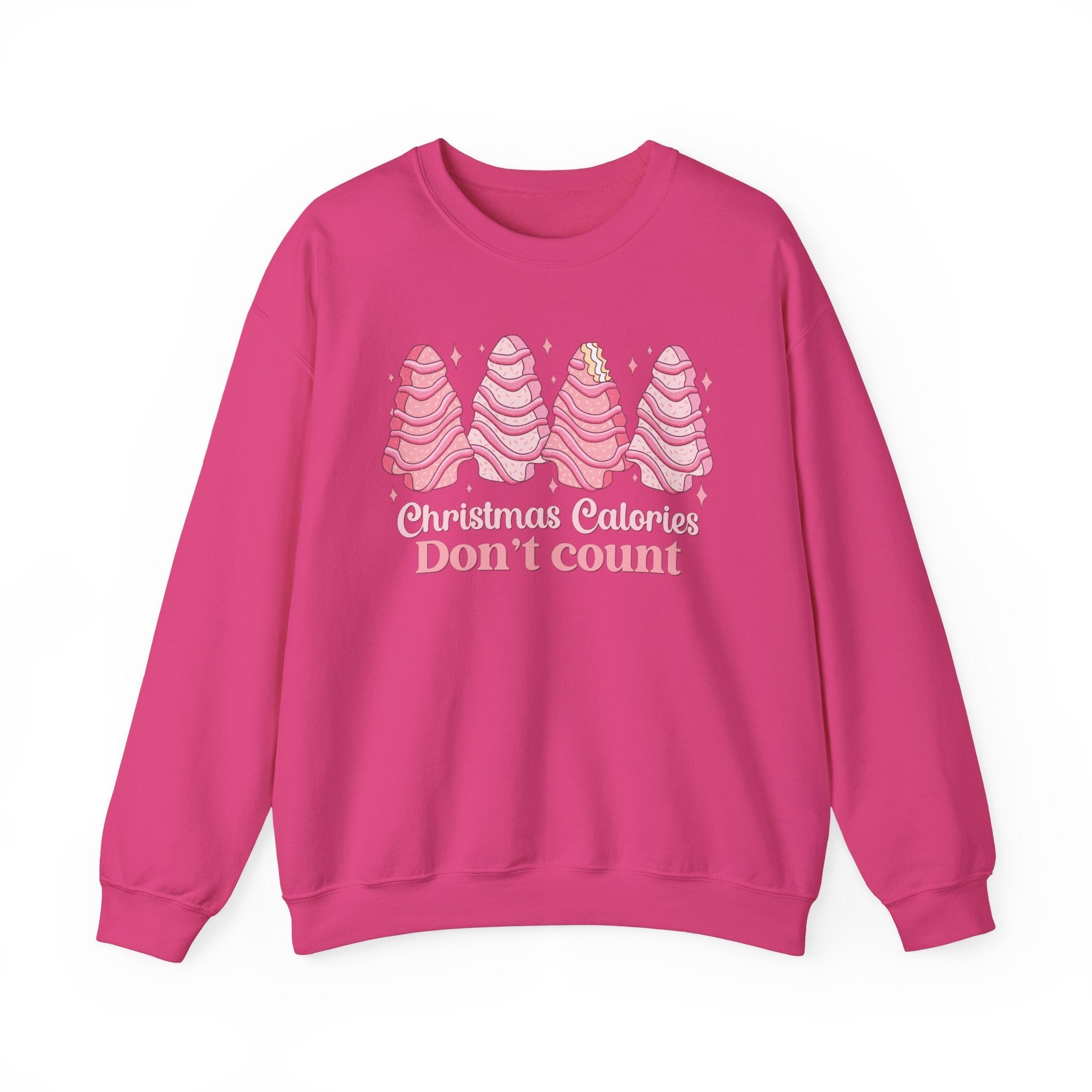 Heliconia sweatshirt with pink Christmas tree cakes on it