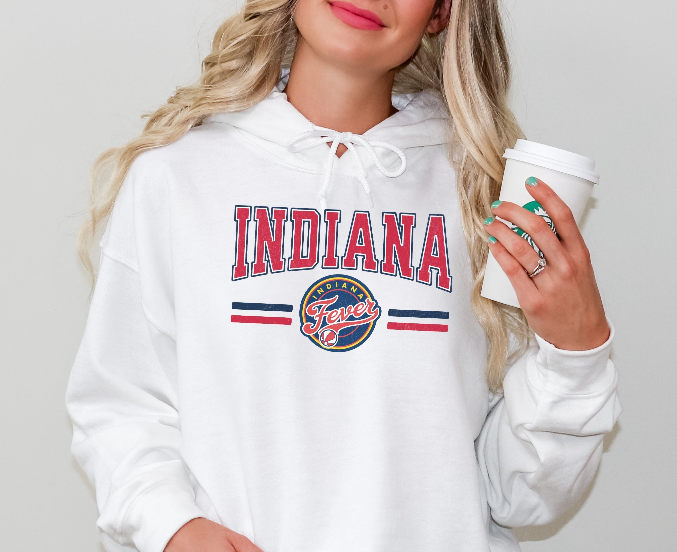 Girl wearing white Indiana Fever Hoodie Sweatshirt