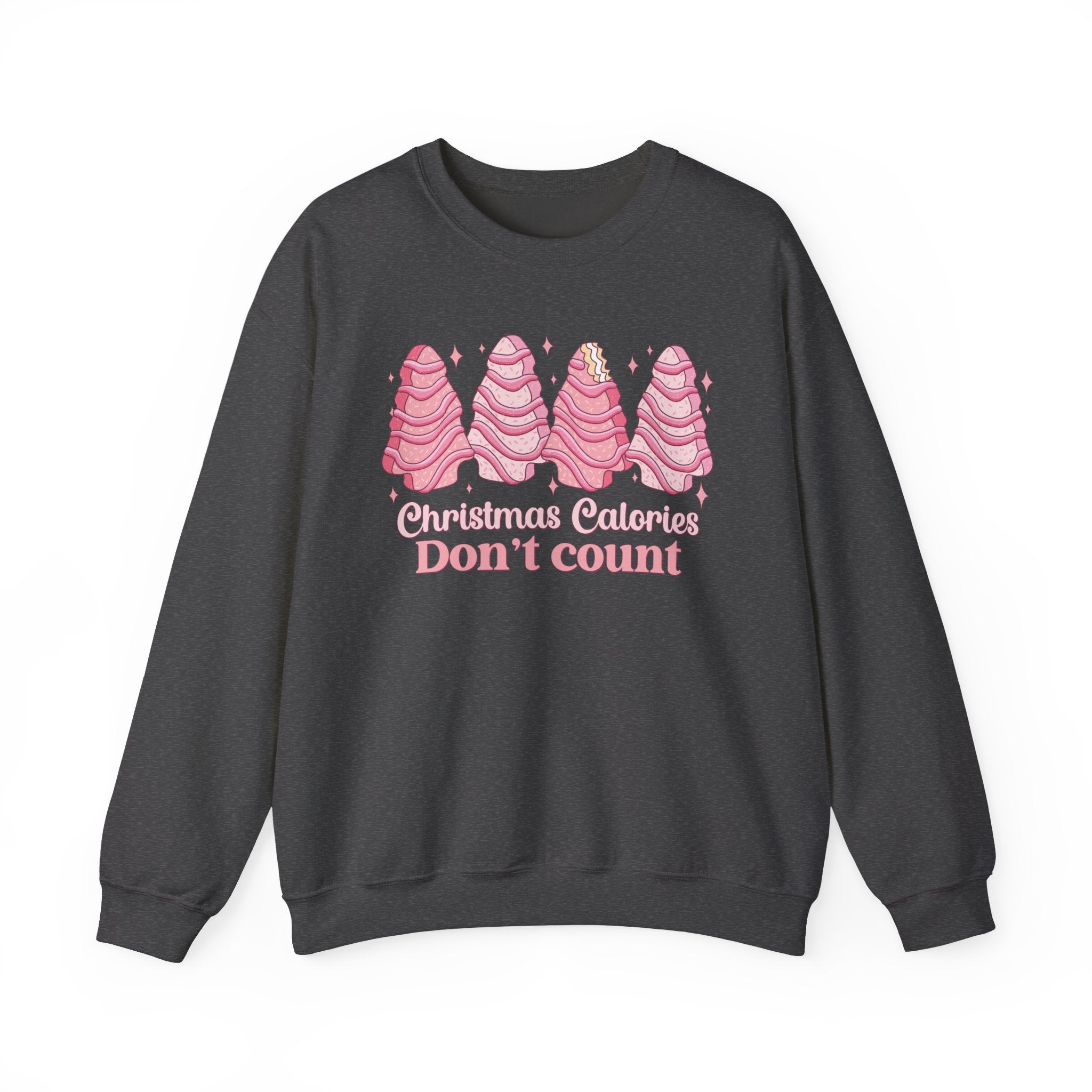 Dark grey heather sweatshirt with pink Christmas tree cakes on it