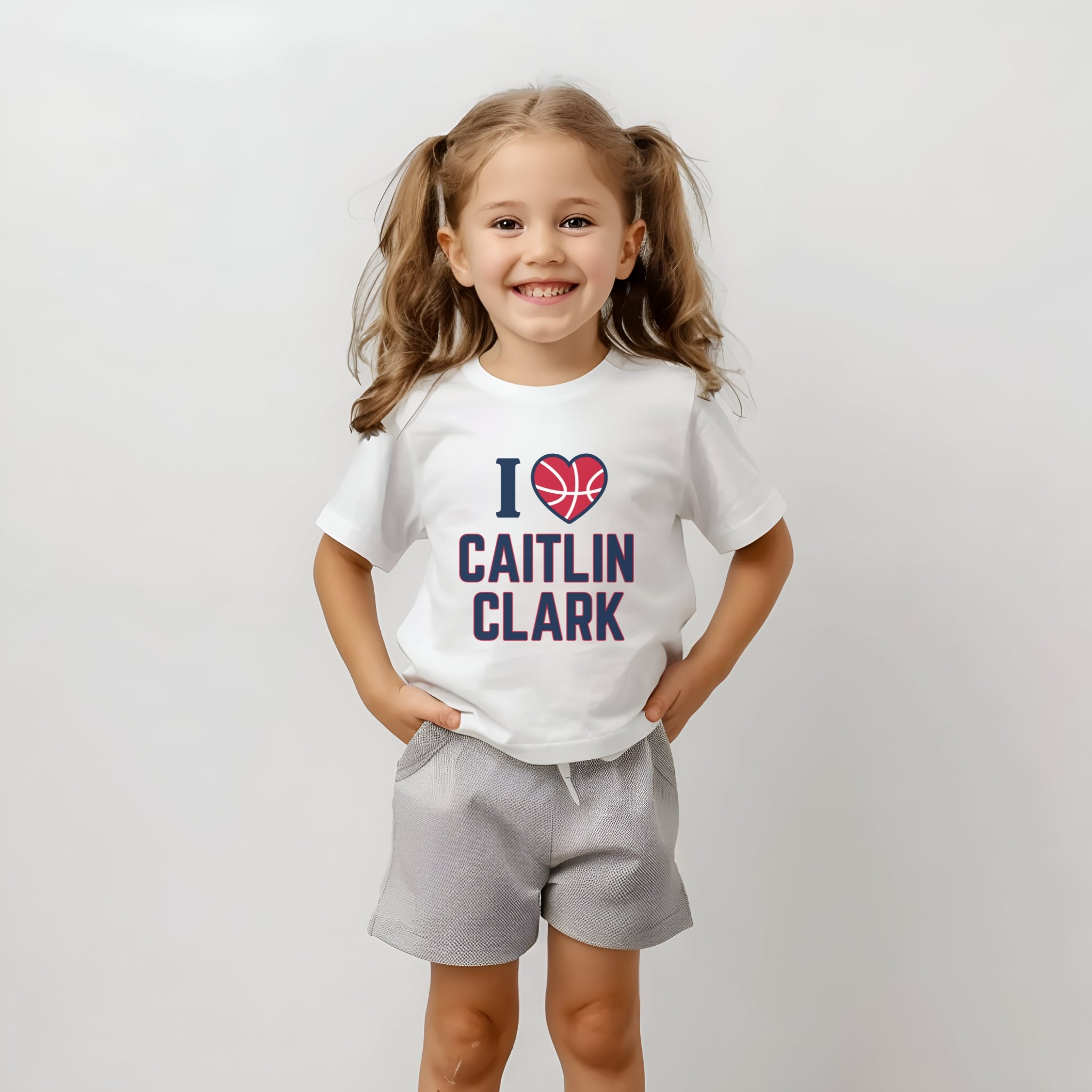 Little girl wearing I love Caitlin Clark t-shirt in white