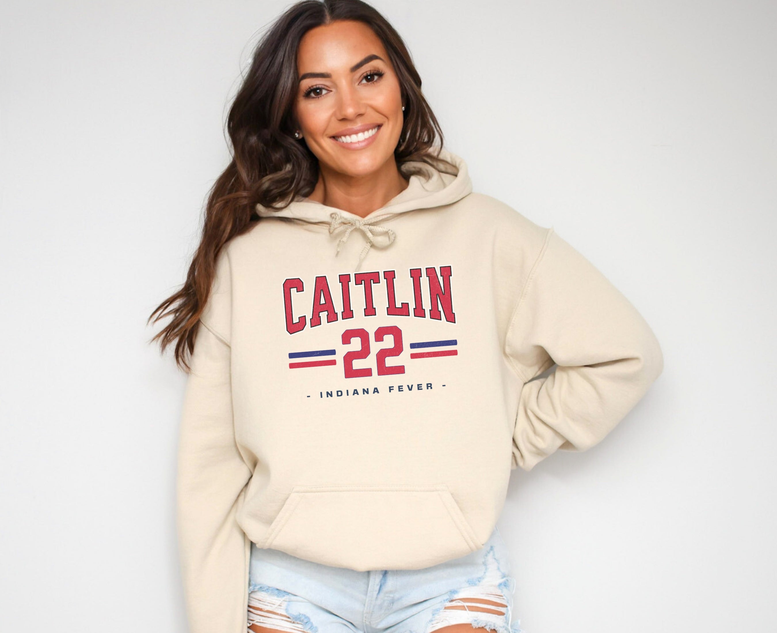 Woman wearing sand Caitlin Clark 22 Hoodie