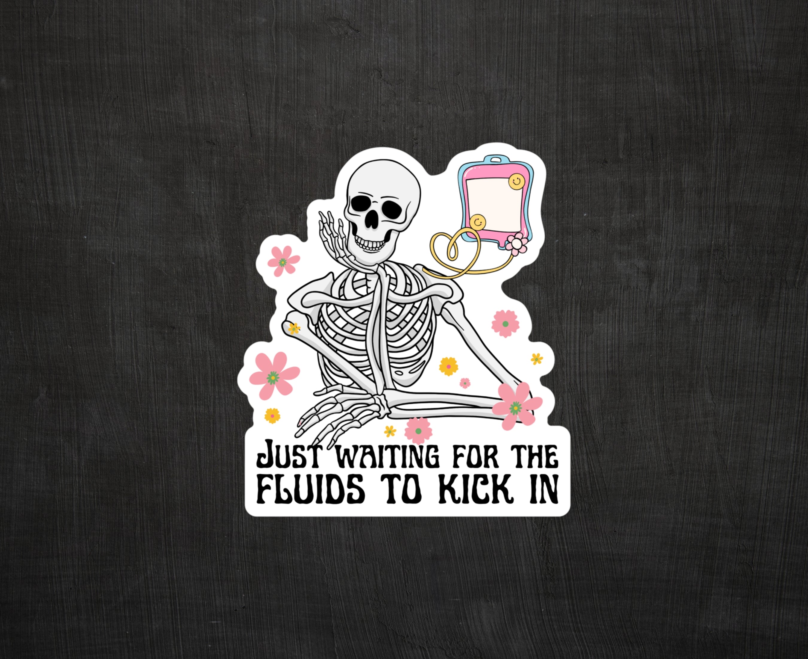 Sticker of skeleton getting fluids through IV bag