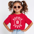 Child wearing a red t-shirt with 'Sophie Fever 8' design on a white background