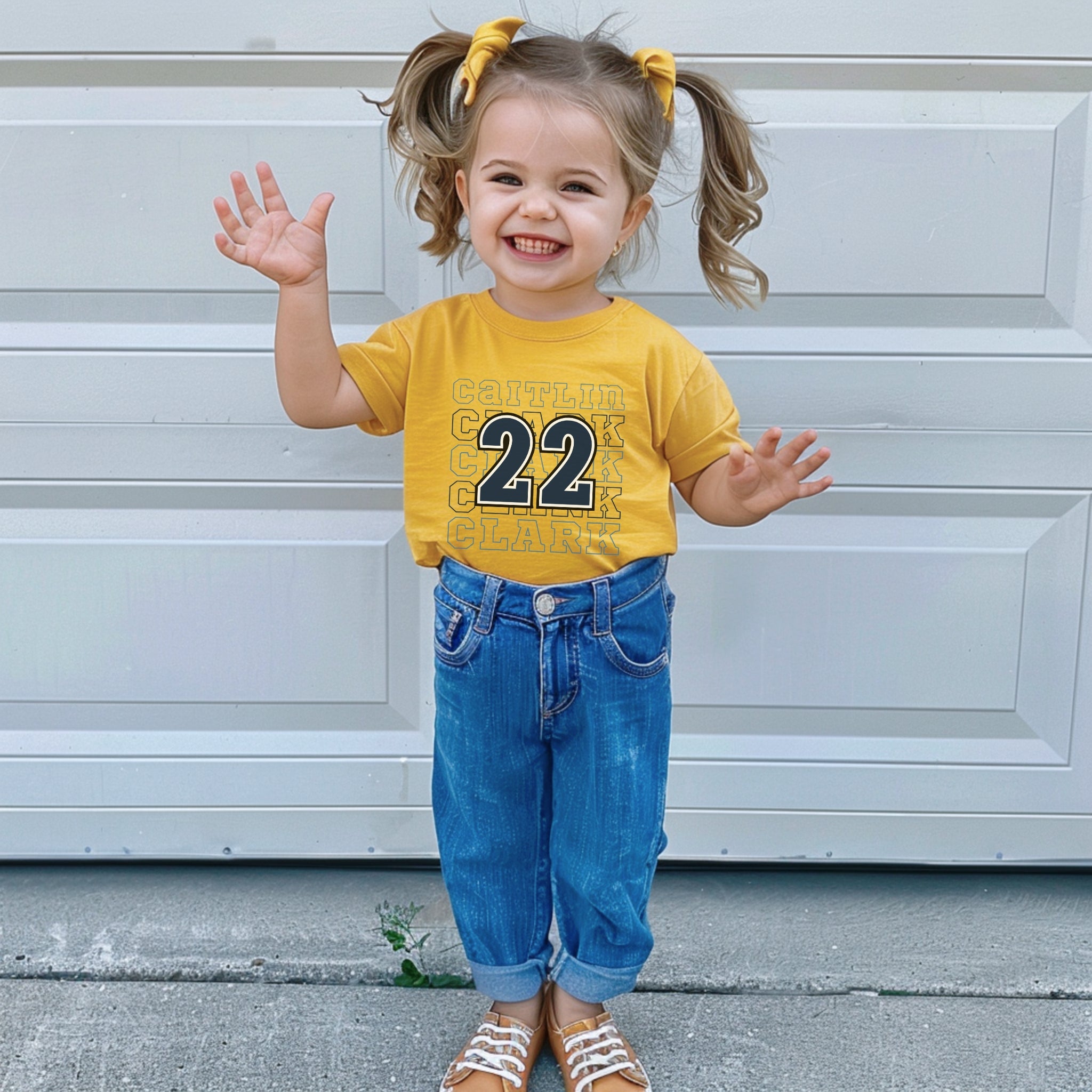 Little girl wearing heather yellow gold Caitlin Clark 22 Toddler T-Shirts