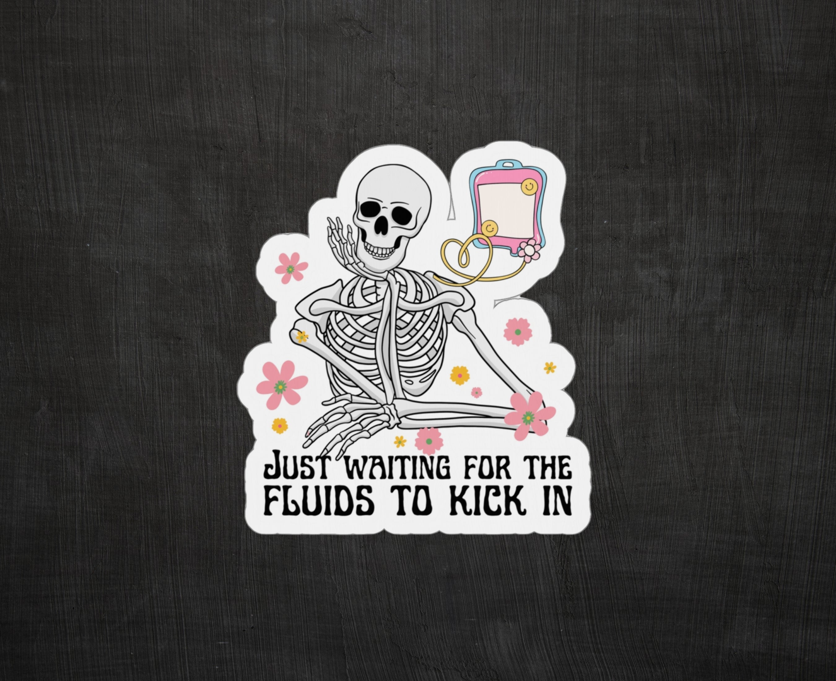 Sticker of skeleton getting fluids through IV bag