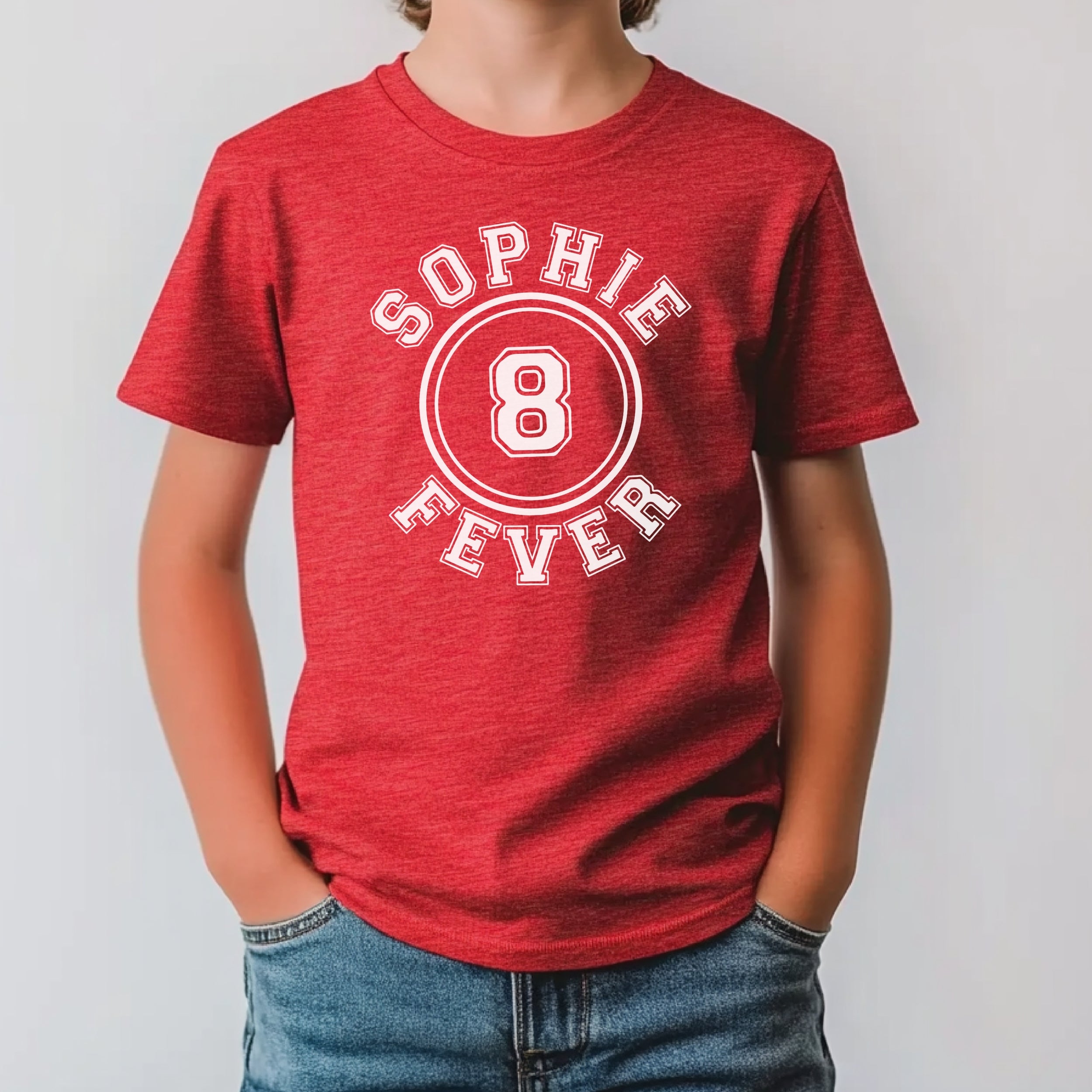 Red t-shirt with 'Sophie 8 Fever' design worn by a person on a plain background