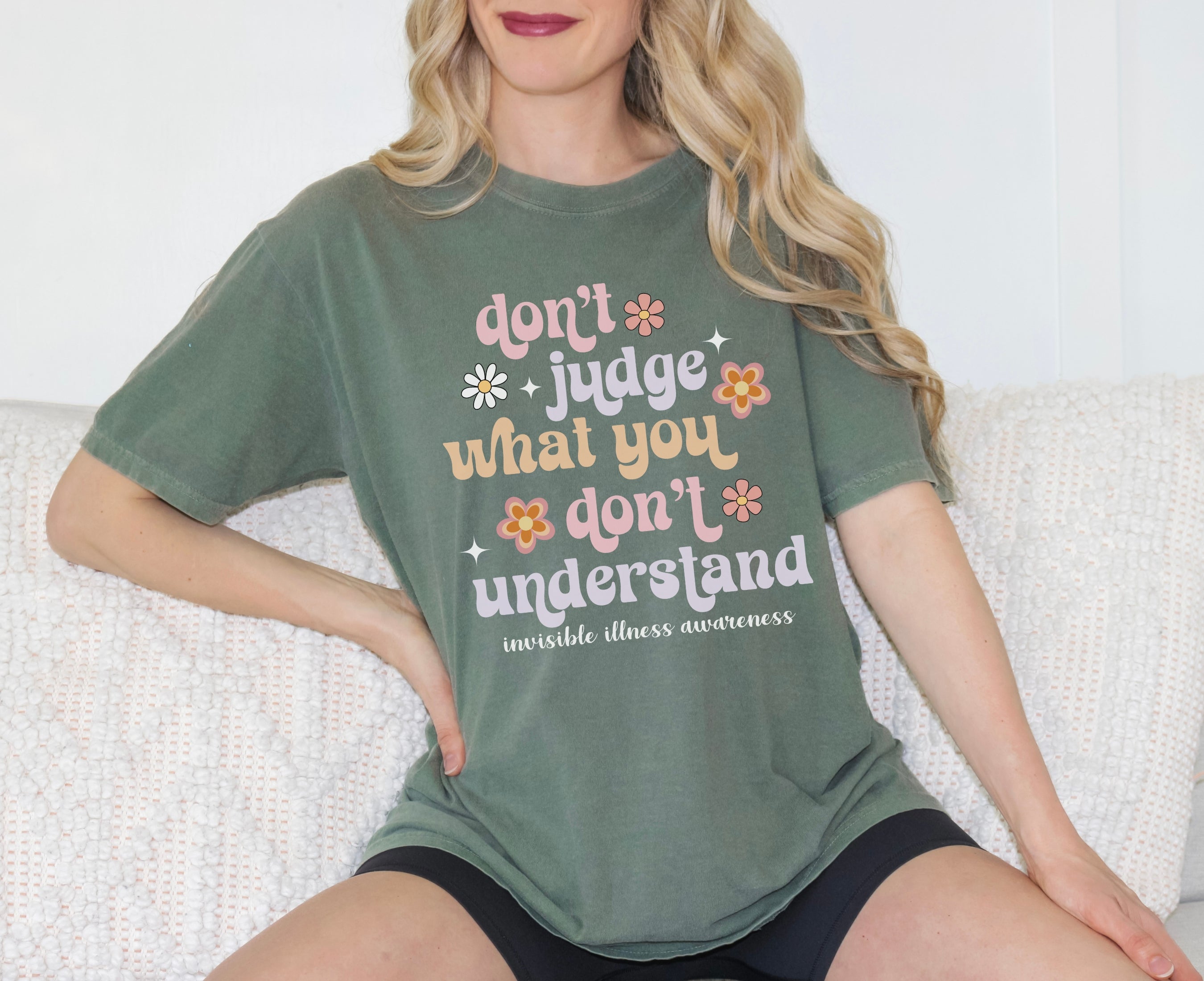 Girl wearing Comfort Colors invisible illness awareness shirt in moss