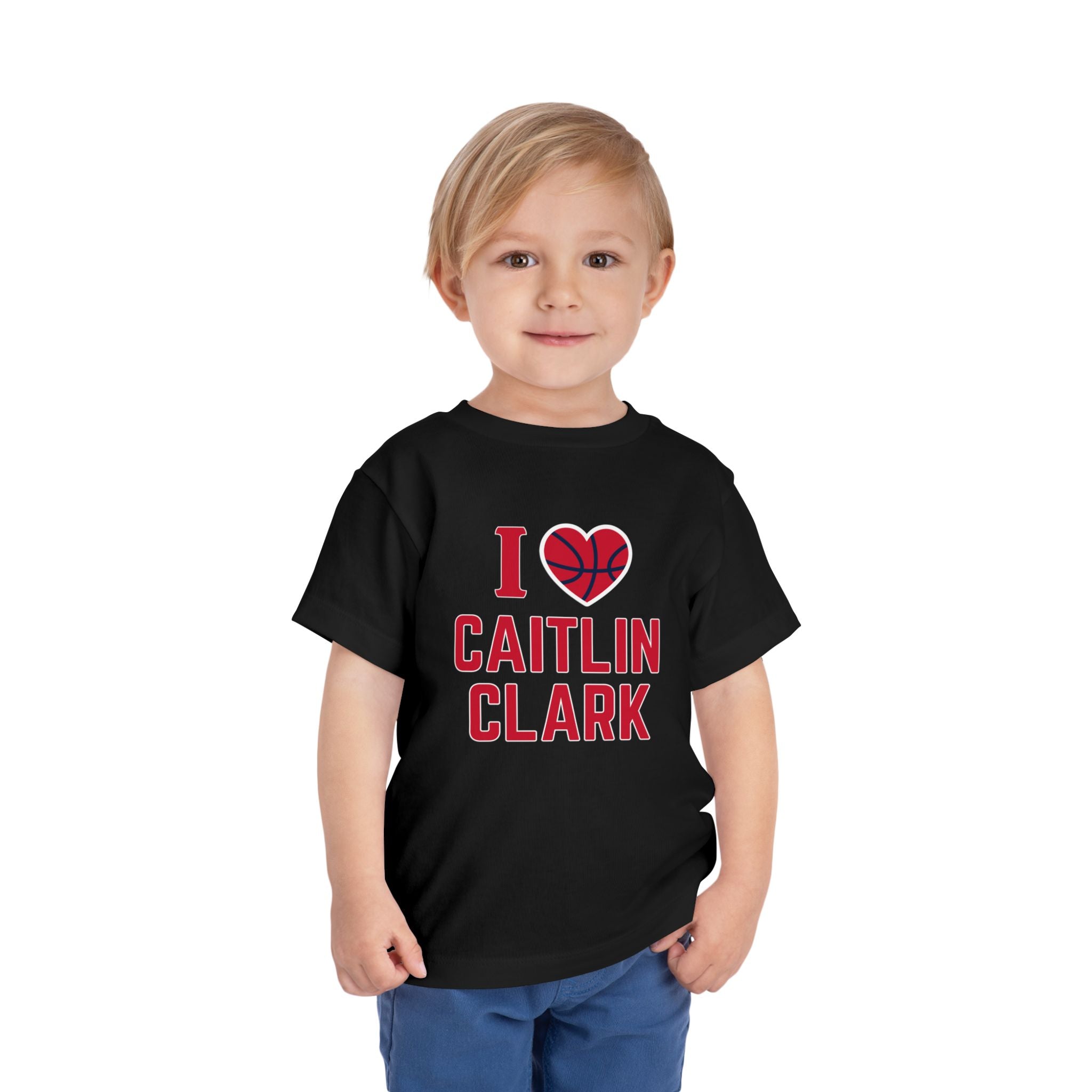 Little boy wearing black I love Caitlin Clark t-shirt