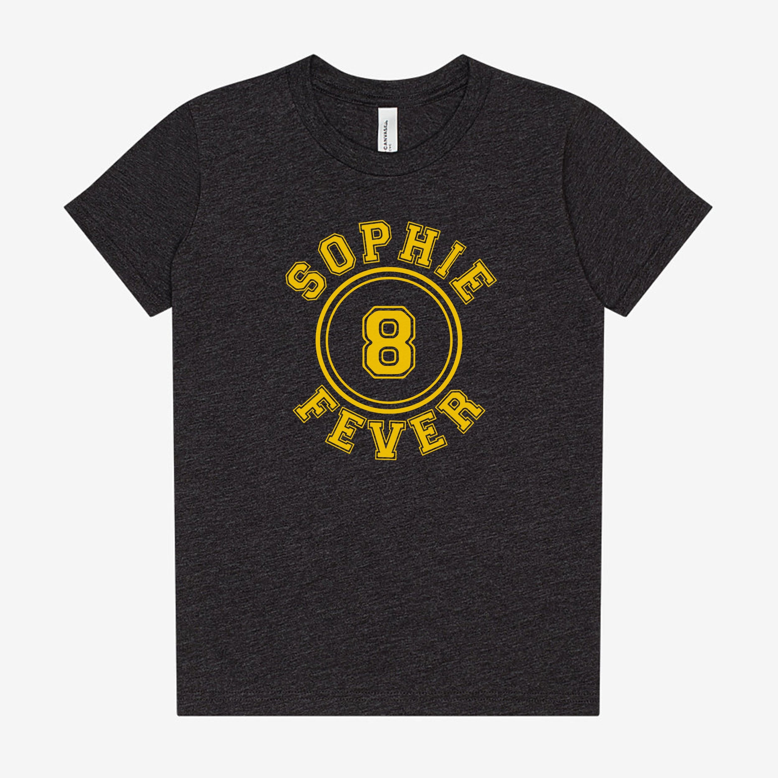 Dark grey t-shirt with yellow text 'Sophie 8 Fever' on a white background