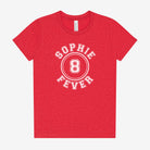 Red t-shirt with 'Sophie Fever' print on a white background
