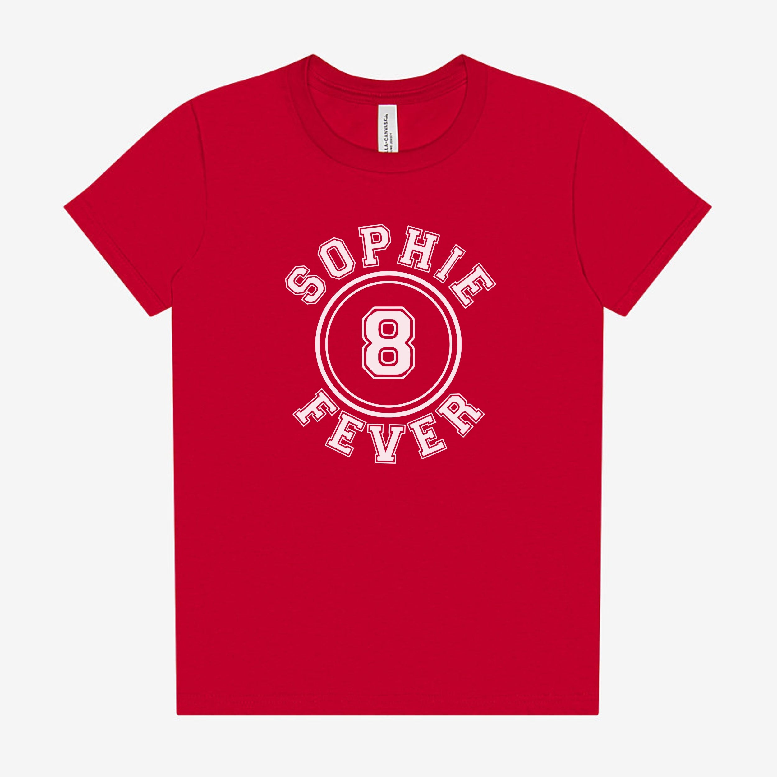 Red t-shirt with 'Sophie Fever' design on a white background