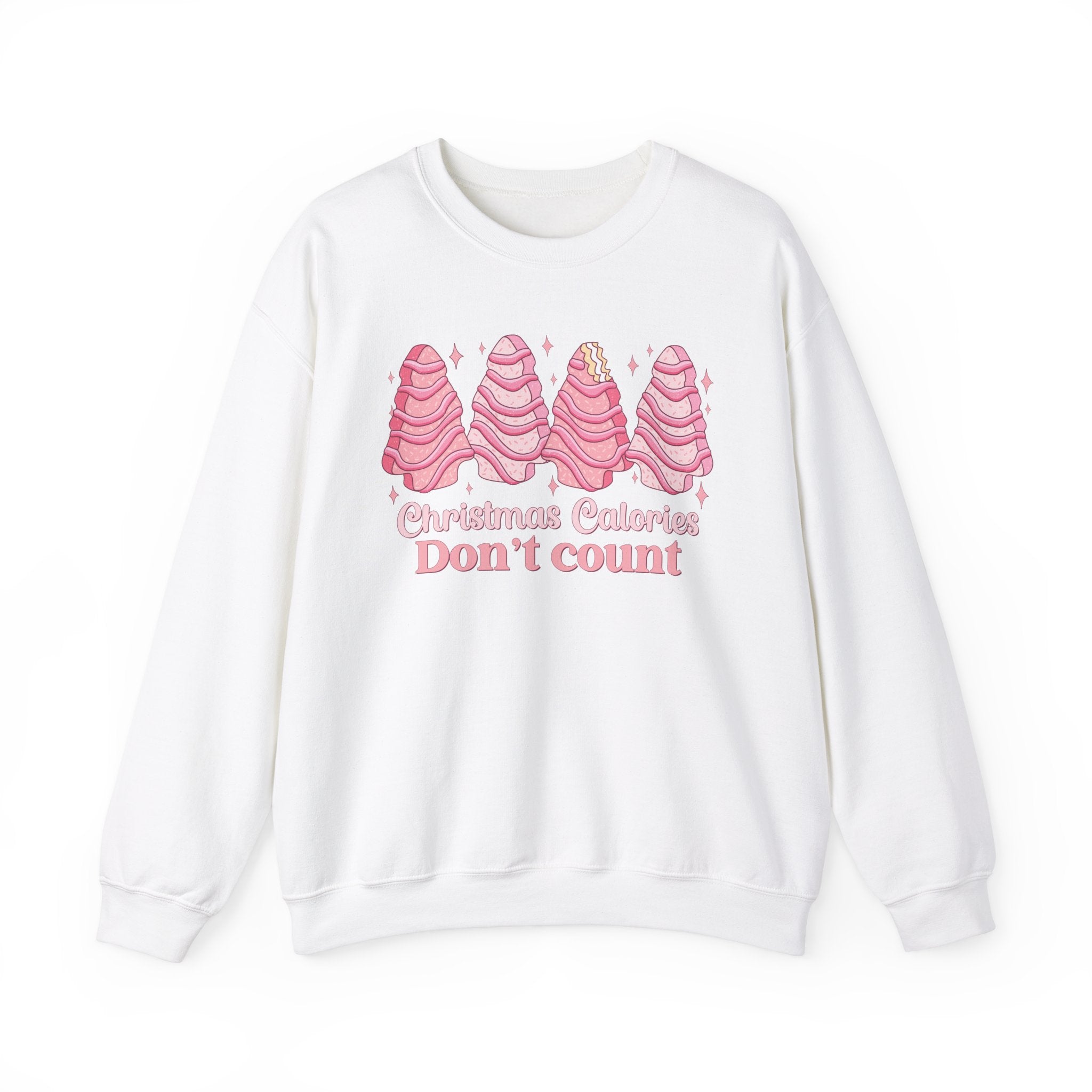 White sweatshirt with pink Christmas tree cakes on it