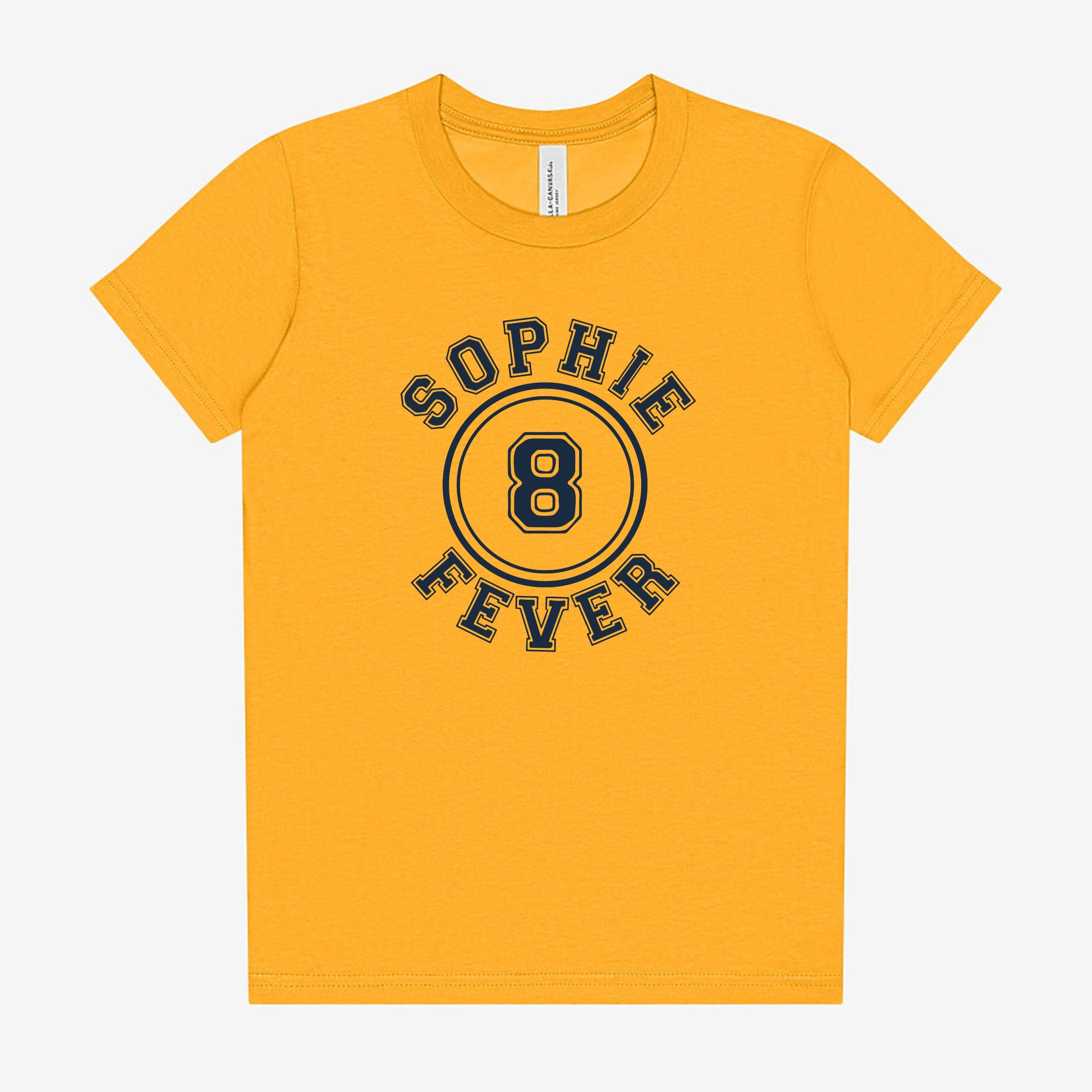 Yellow t-shirt with 'Sophie Fever' print on a white background