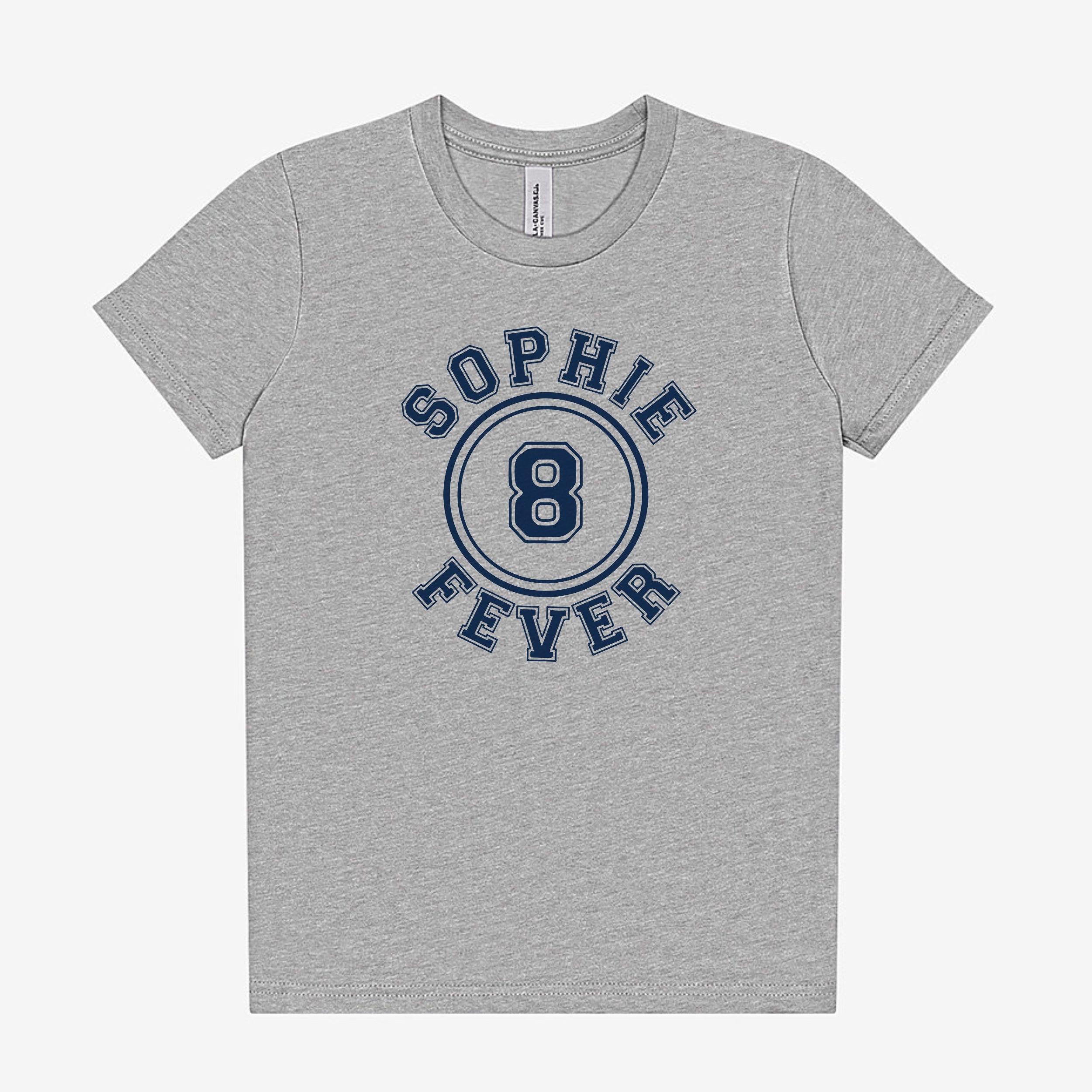 Gray t-shirt with 'Sophie Fever 8' design on a white background