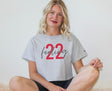 Girl wearing feeling 22 crop top in oxford grey